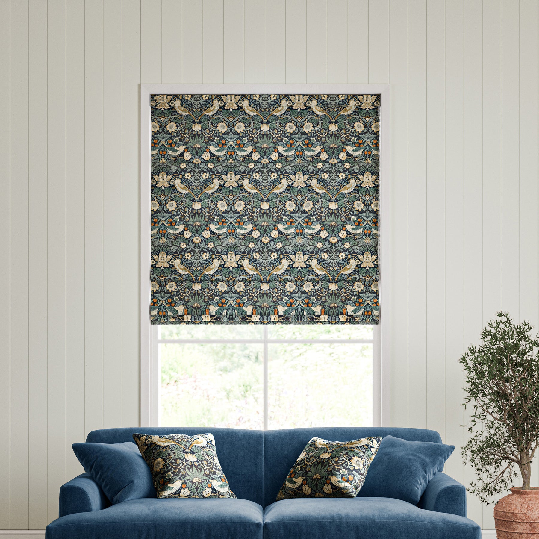 William Morris Strawberry Thief Velvet Made to Measure Roman Blind Indigo