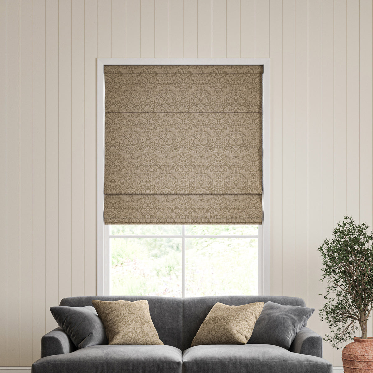 William Morris Strawberry Thief Woven Made to Measure Roman Blind Walnut