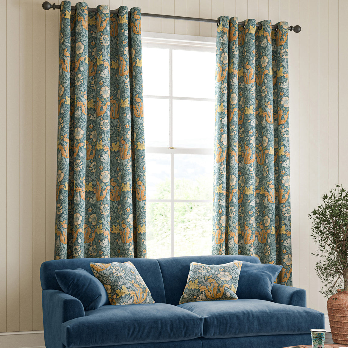 William Morris Compton Velvet Made To Measure Curtains Bluebird