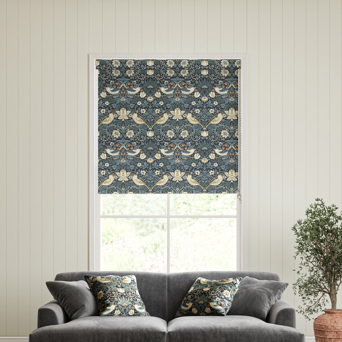William Morris Strawberry Thief Made to Measure Blackout Roller Blind Indigo