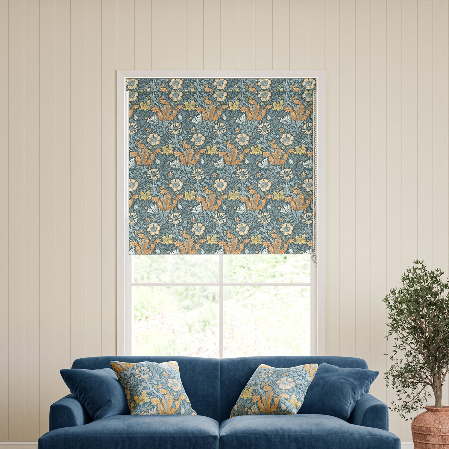 William Morris Compton Blackout Made To Measure Roller Blind Bluebird