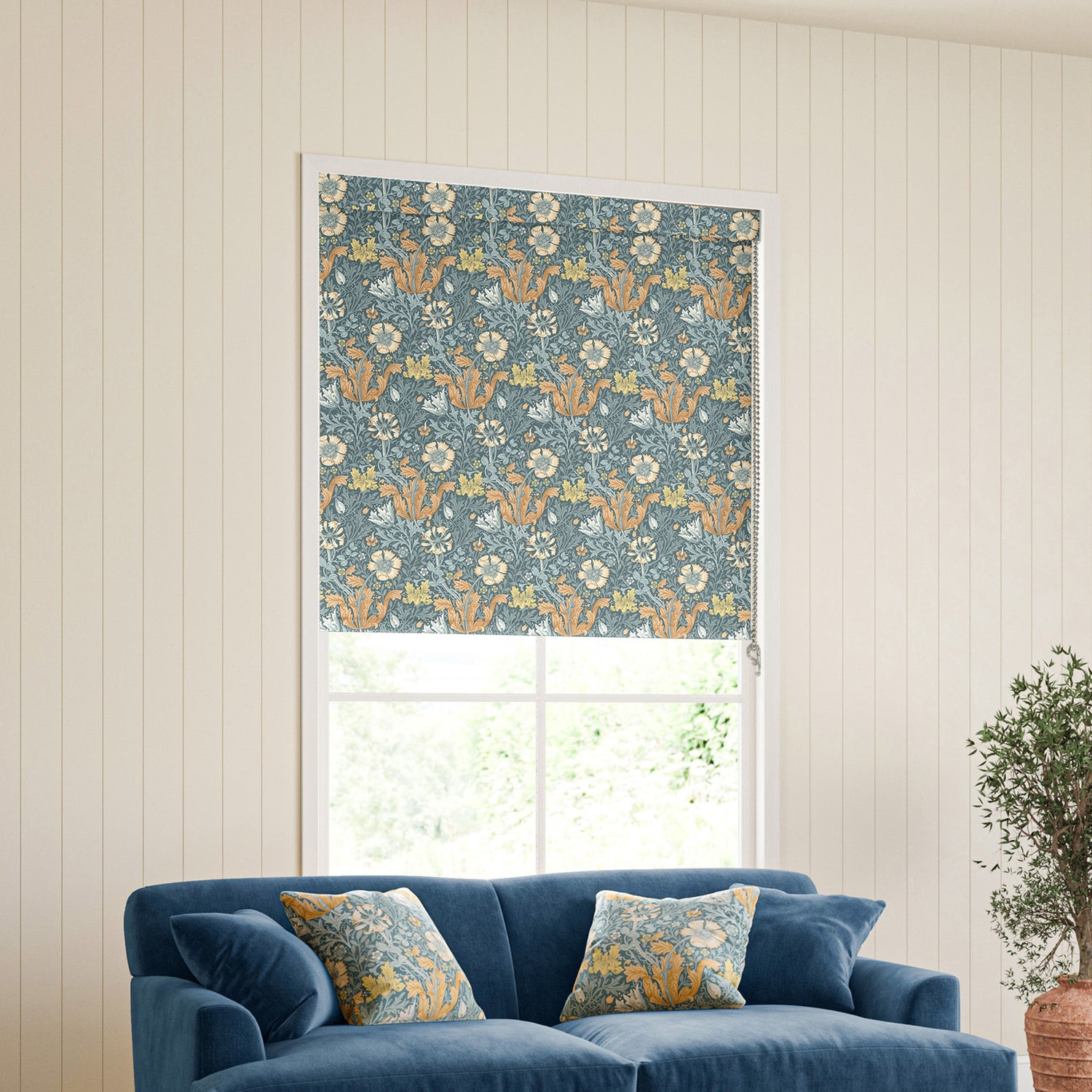 William Morris Compton Blackout Made To Measure Roller Blind Bluebird