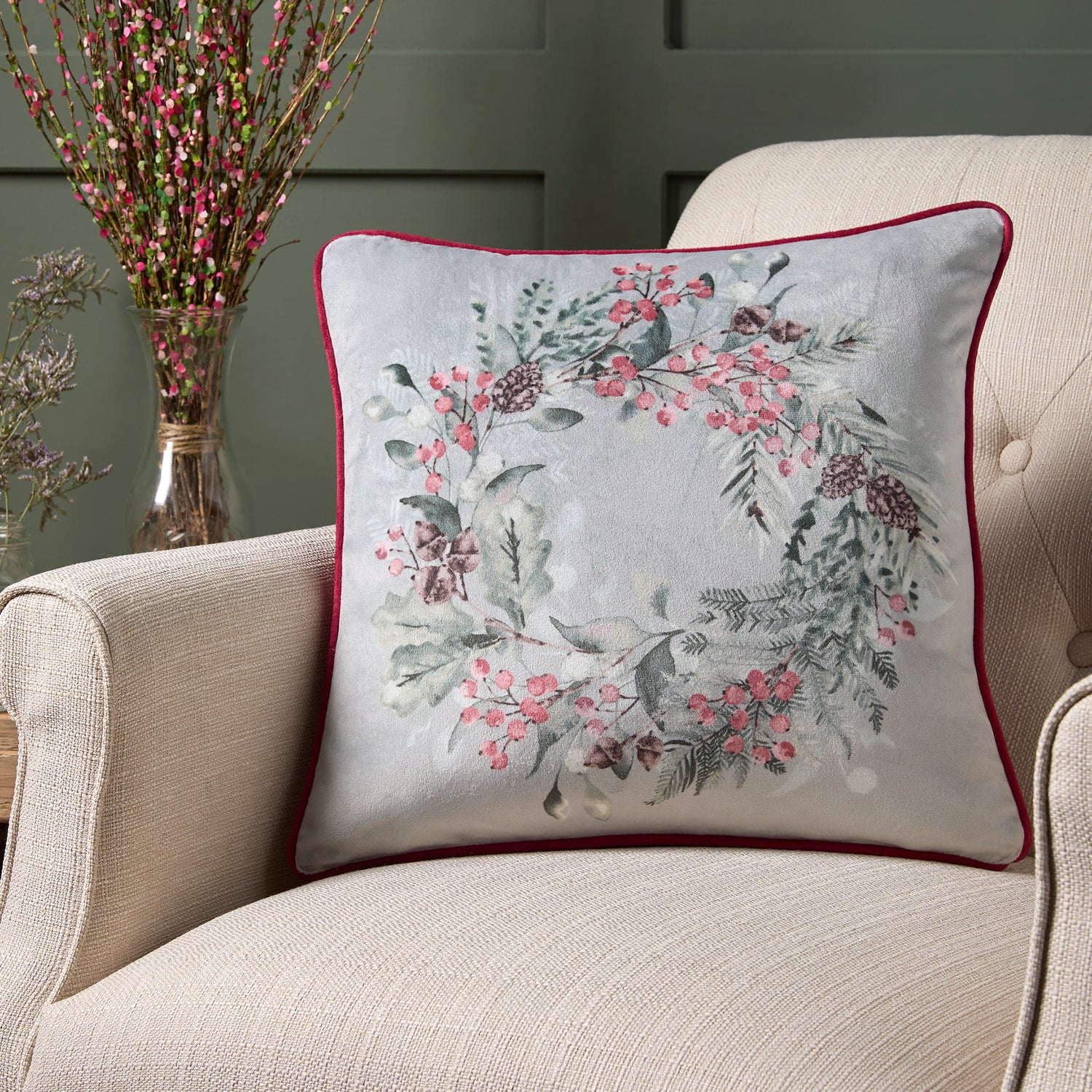 Dreams & Drapes Winter Sprigs Velvet Filled Cushion 43cm x 43cm Green