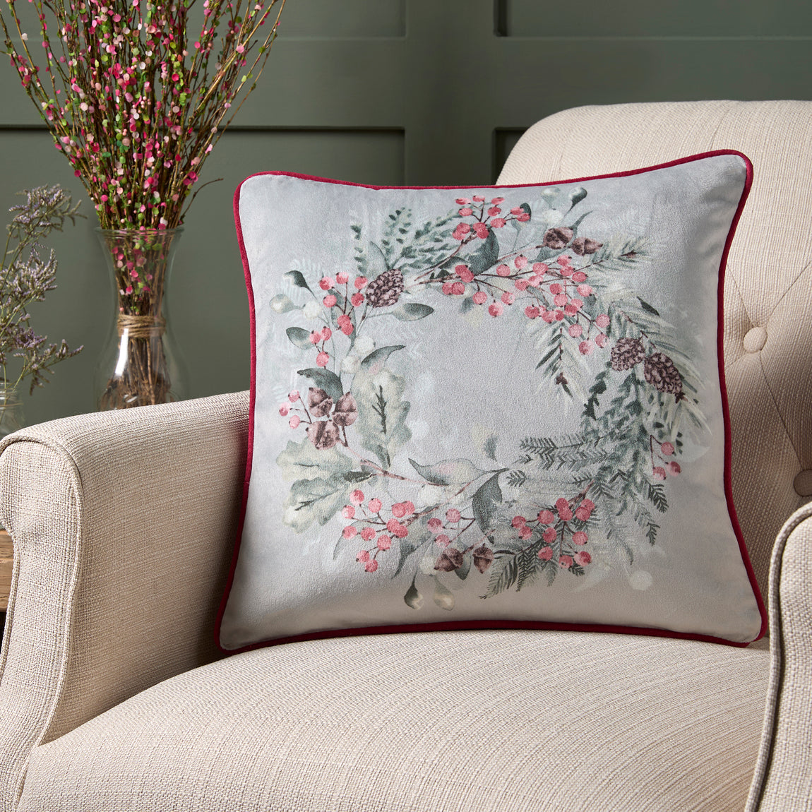 Dreams & Drapes Winter Sprigs Velvet Filled Cushion 43cm x 43cm Green