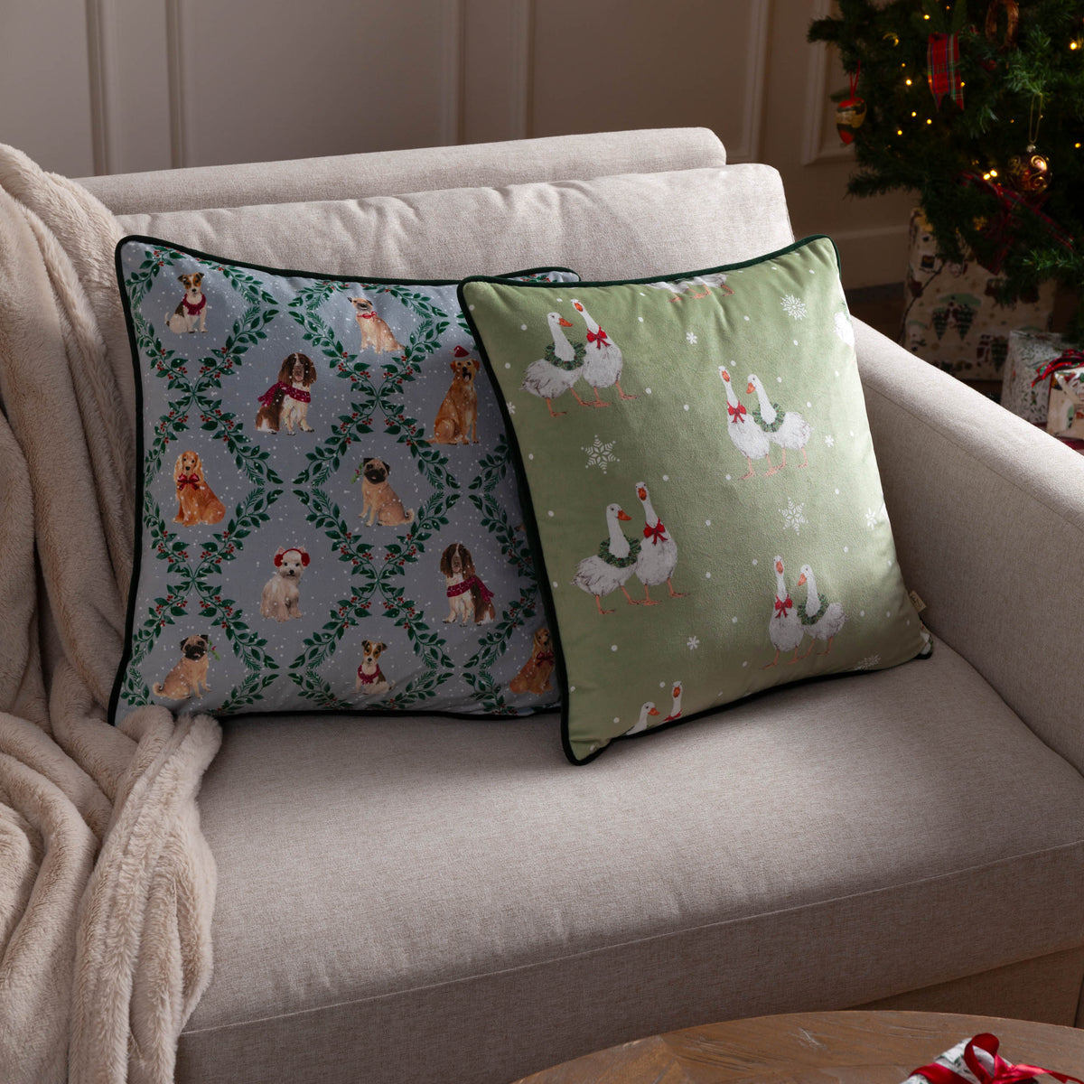 Evans Lichfield Winter Geese Velvet Piped Filled Cushion 43cm x 43cm Multi