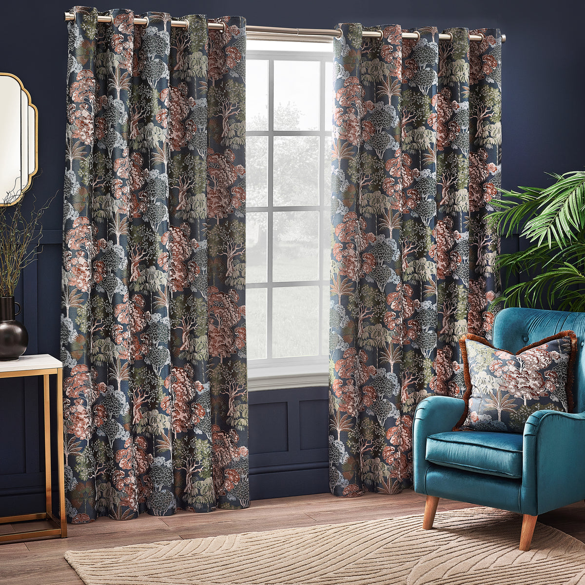 Wylder Nature Woodlands Floral Jacquard Filled Cushion 55cm x 55cm Navy