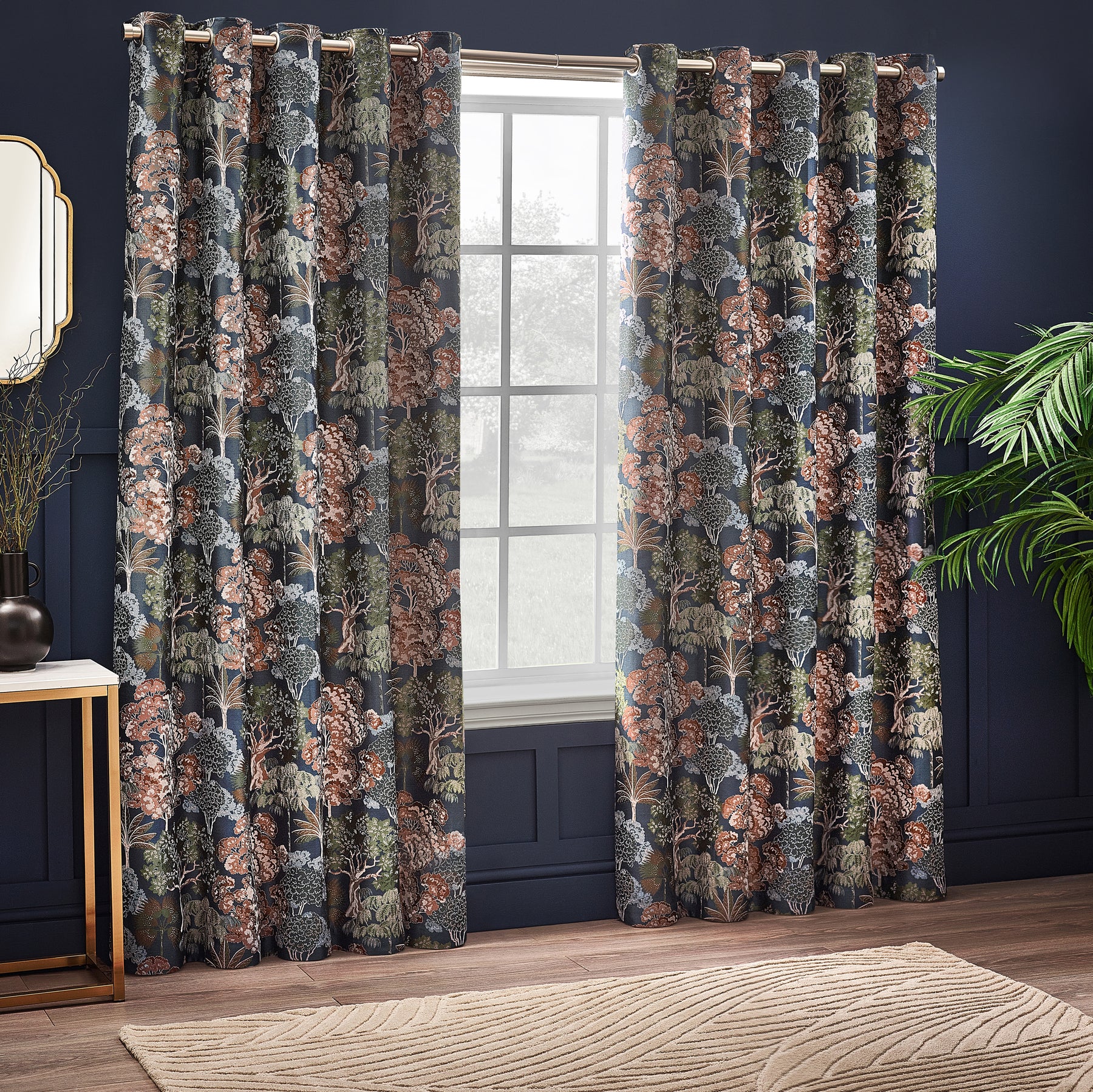Wylder Nature Woodlands Floral Jacquard Ready Made Eyelet Curtains Navy