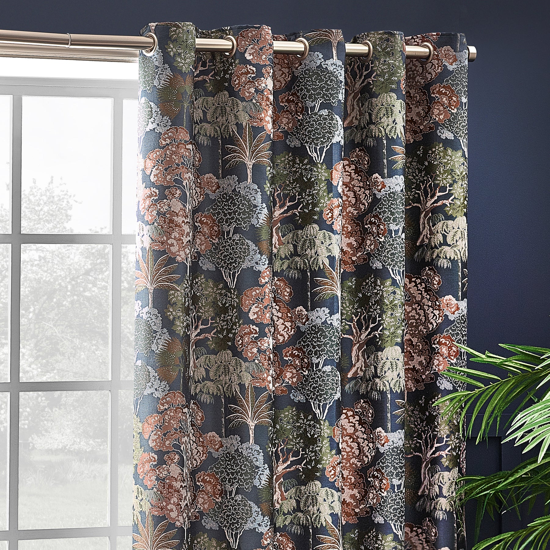 Wylder Nature Woodlands Floral Jacquard Ready Made Eyelet Curtains Navy