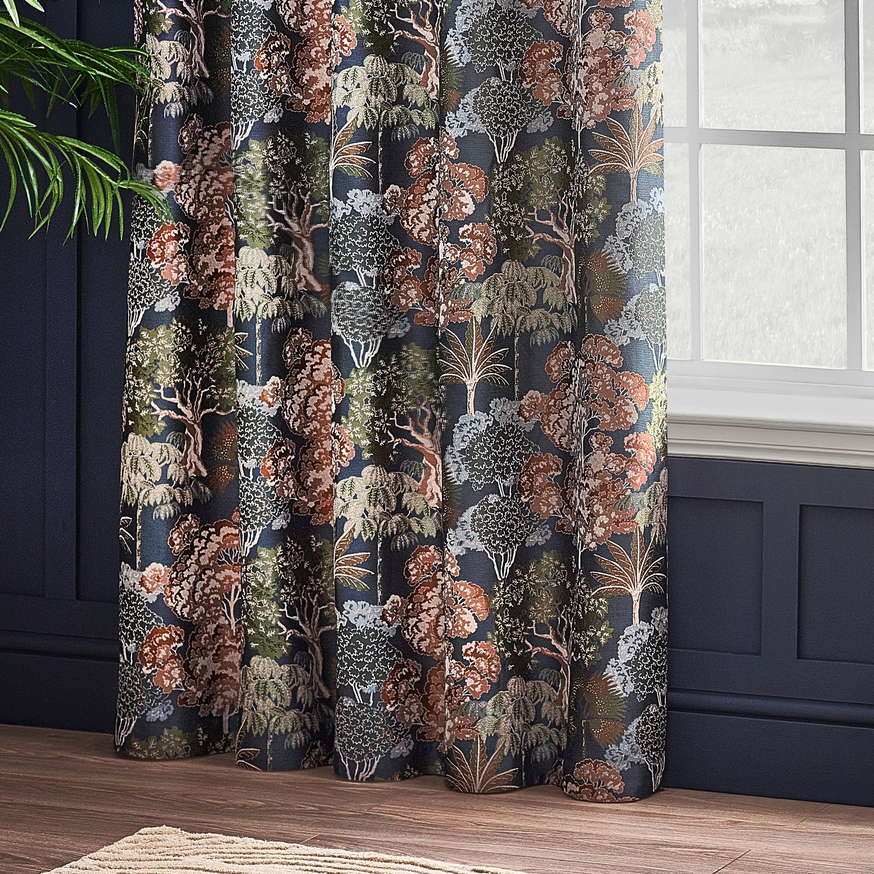 Wylder Nature Woodlands Floral Jacquard Ready Made Eyelet Curtains Navy