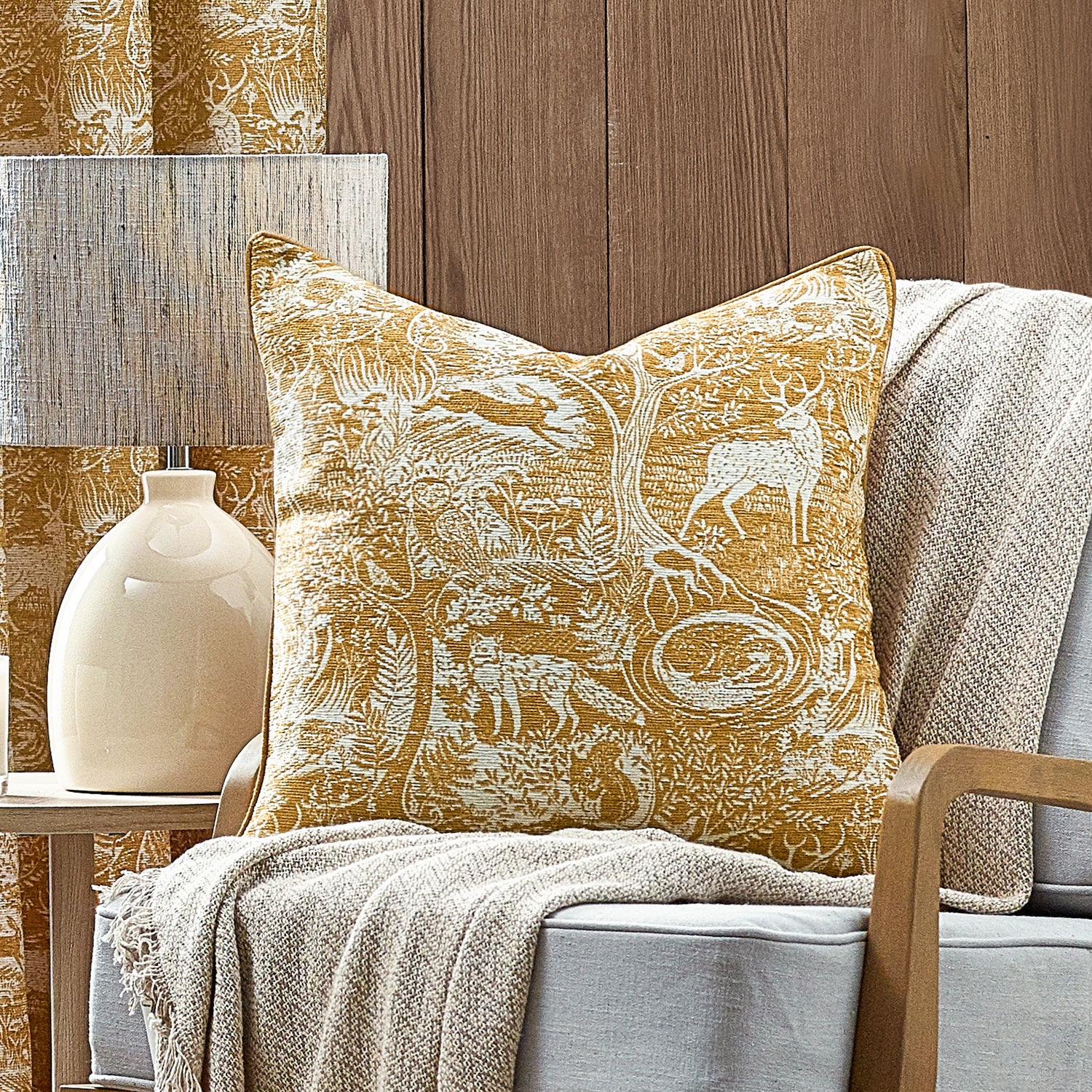 Furn. Winter Woods Animal Chenille 50cm x 50cm Filled Cushion Ochre