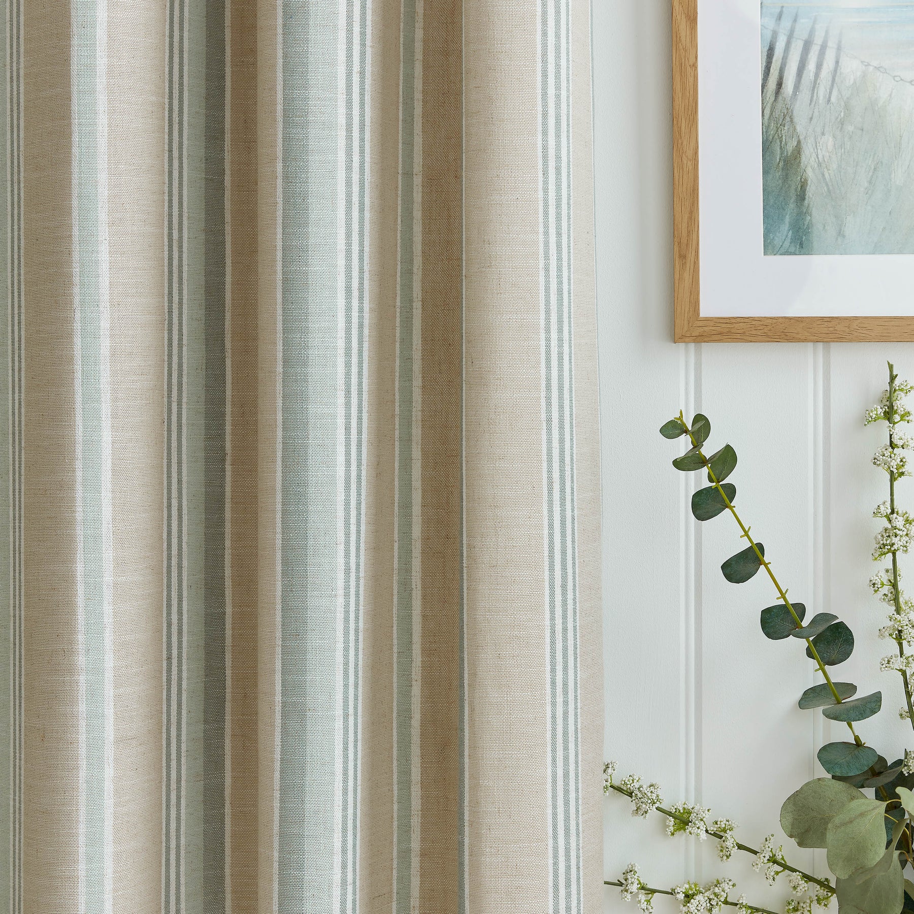 Laura Ashley Wickham Stripe Ready Made Eyelet Curtains Sage Natural
