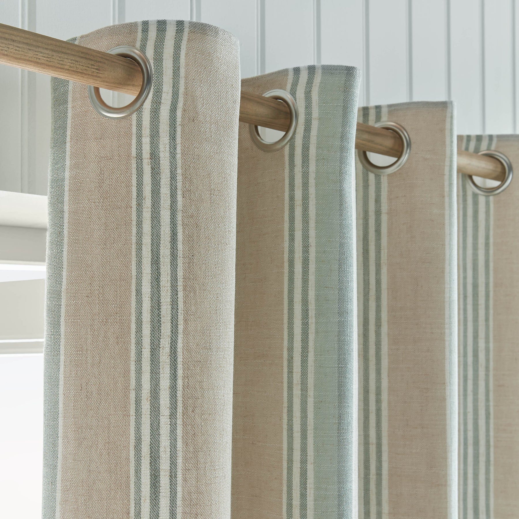 Laura Ashley Wickham Stripe Ready Made Eyelet Curtains Sage Natural