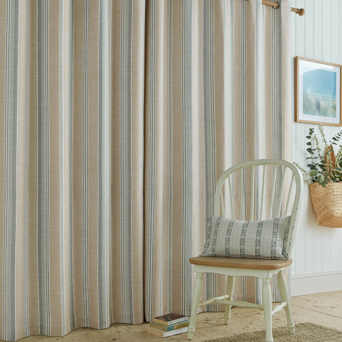 Laura Ashley Wickham Stripe Ready Made Eyelet Curtains Sage Natural