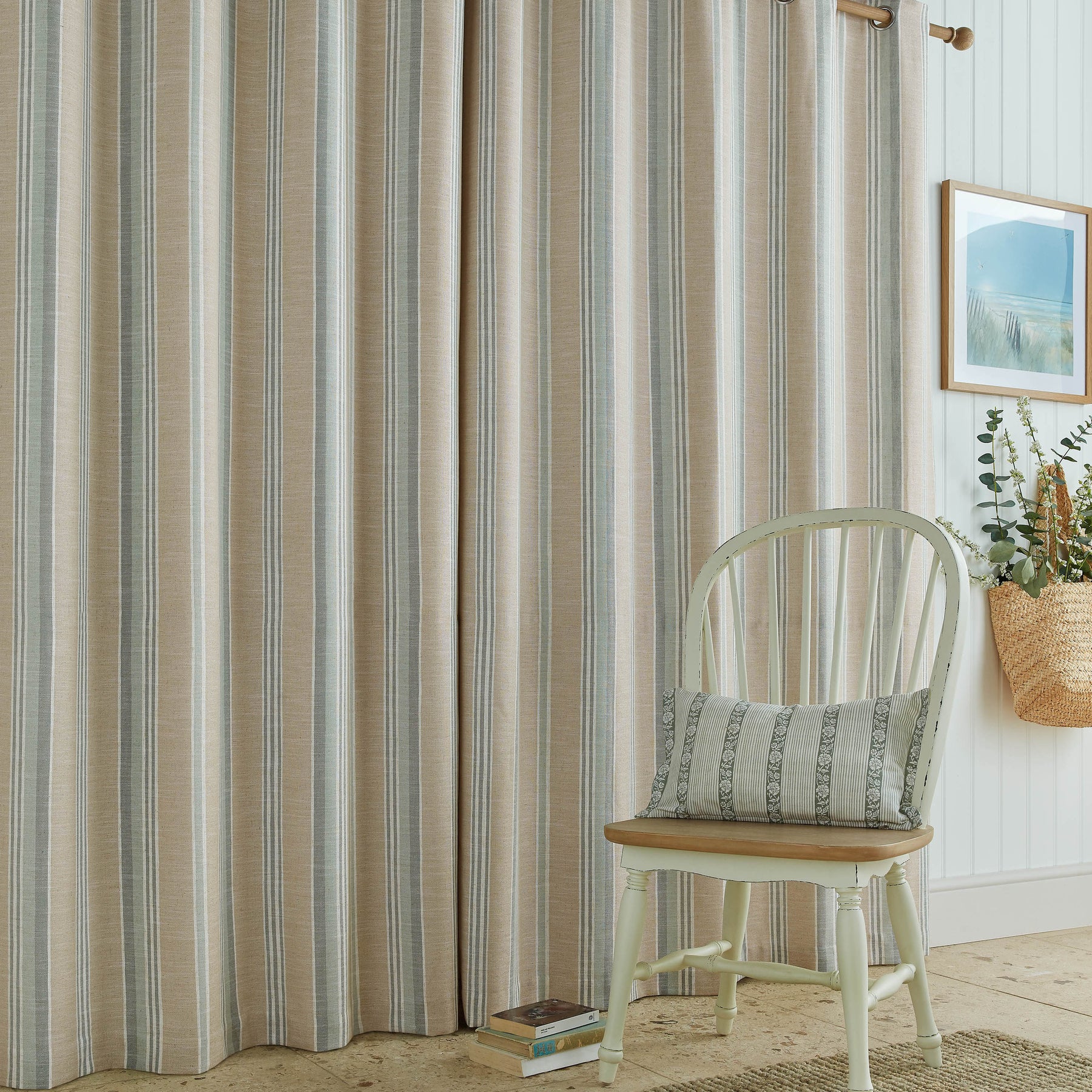 Laura Ashley Wickham Stripe Ready Made Eyelet Curtains Sage Natural