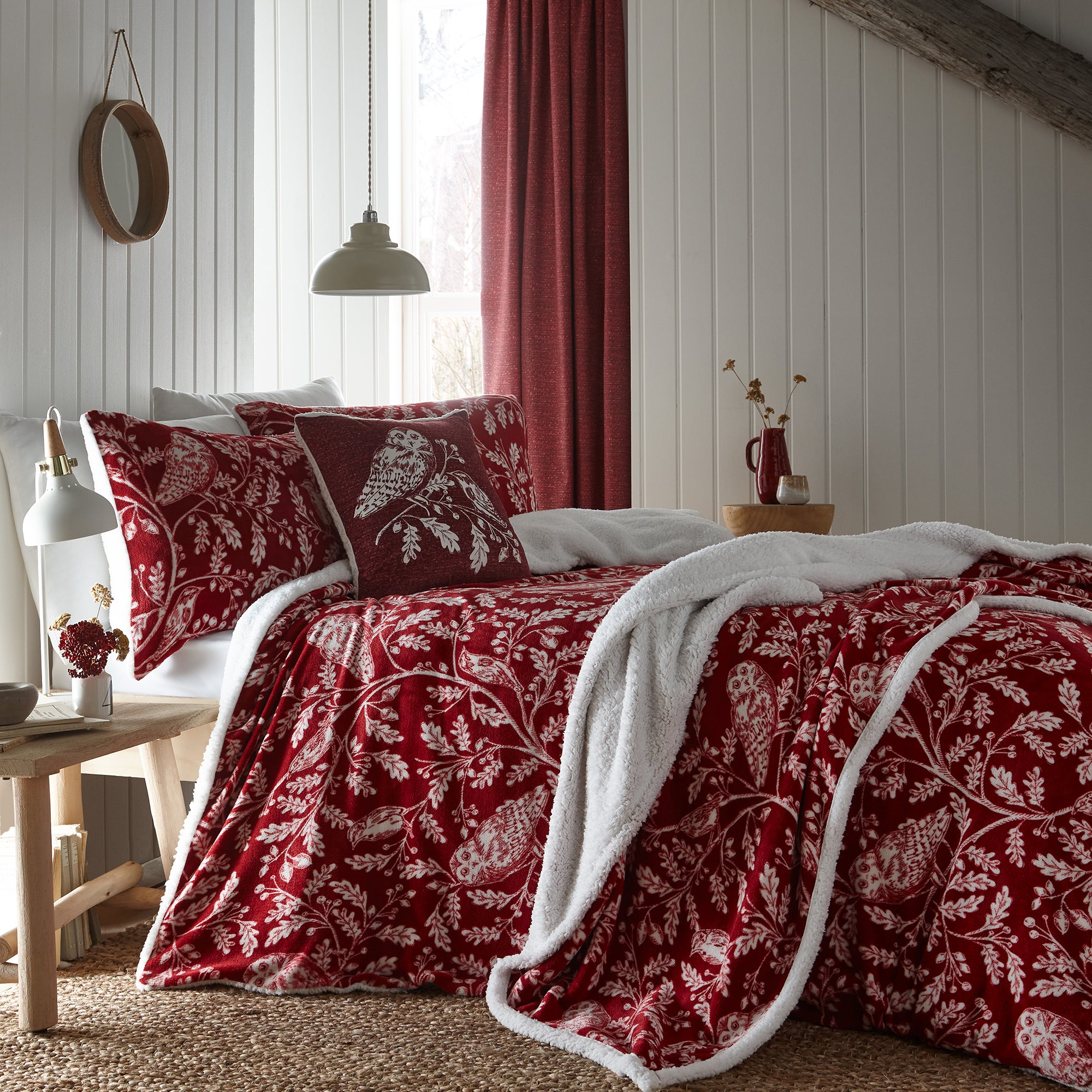 Dreams Drapes Woodland Owls Duvet Cover Bedding Set Red