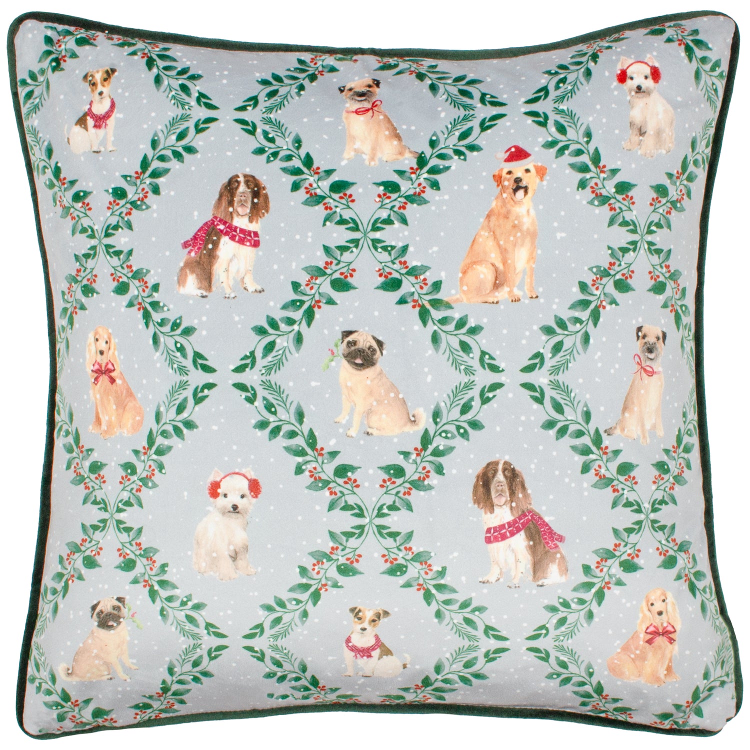 Evans Lichfield Christmas Dog Friends Velvet Piped Filled Cushion 43cm x 43cm Multi