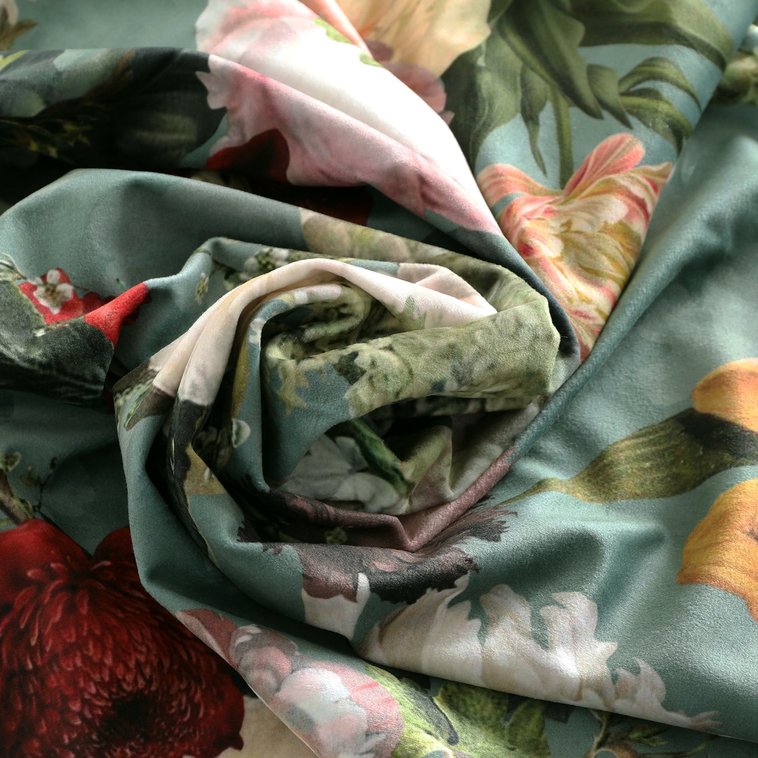 Linda Barker Florabunda Velvet Fabric Verdigris