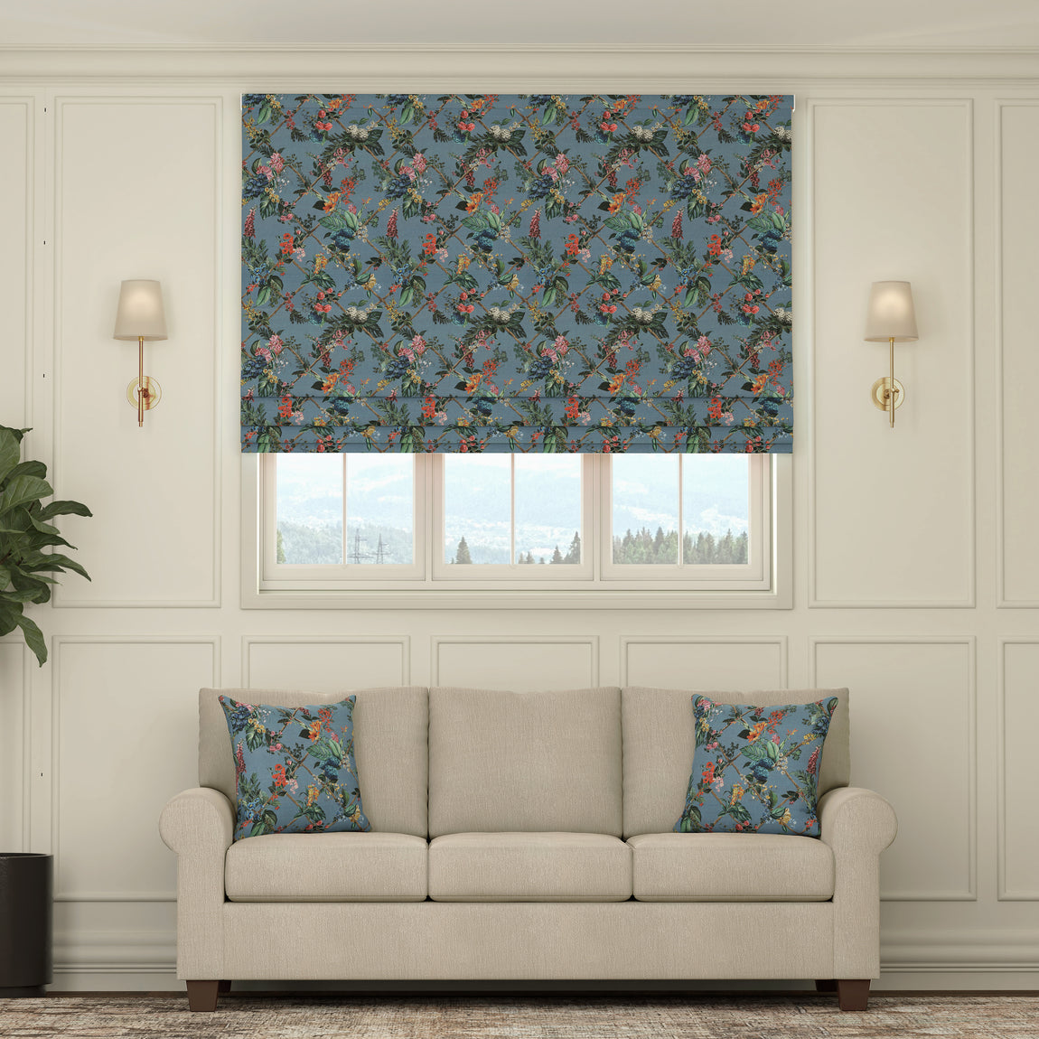 HOUSE Llewelyn-Bowen Cotswold Fantasia Printed Made To Measure Roman Blind Cornflower Blue