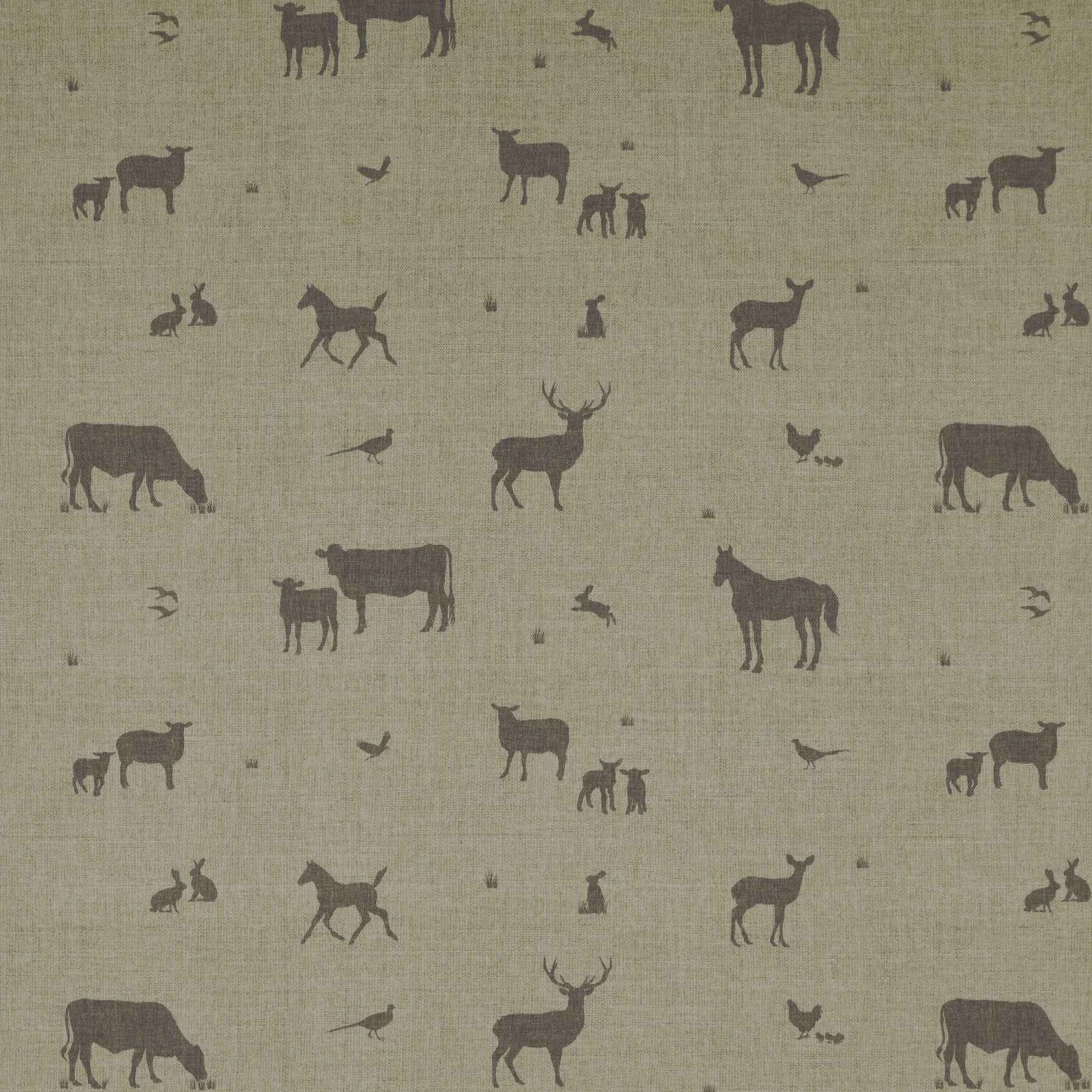 ANTE DECOR Country Animals Printed Cotton Fabric Linen Charcoal