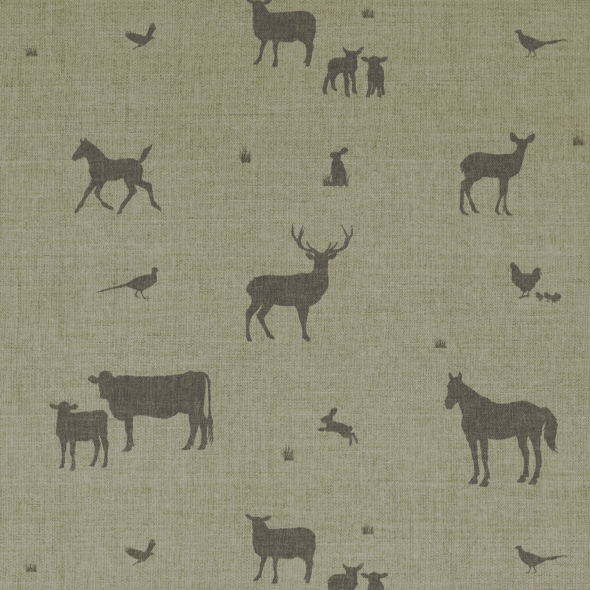 ANTE DECOR Country Animals Printed Cotton Fabric Linen Charcoal