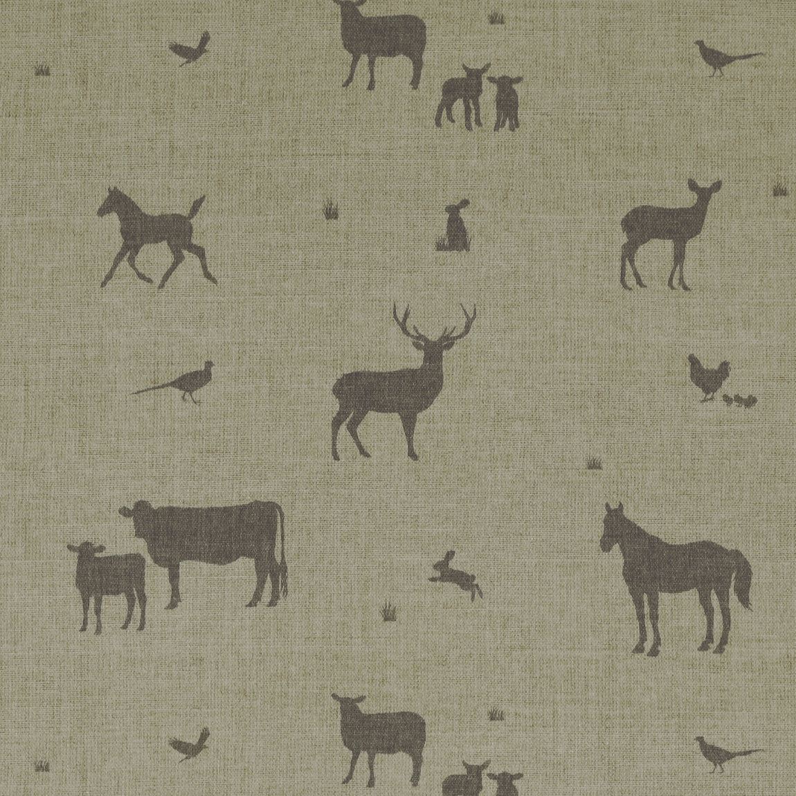 ANTE DECOR Country Animals Printed Cotton Fabric Linen Charcoal