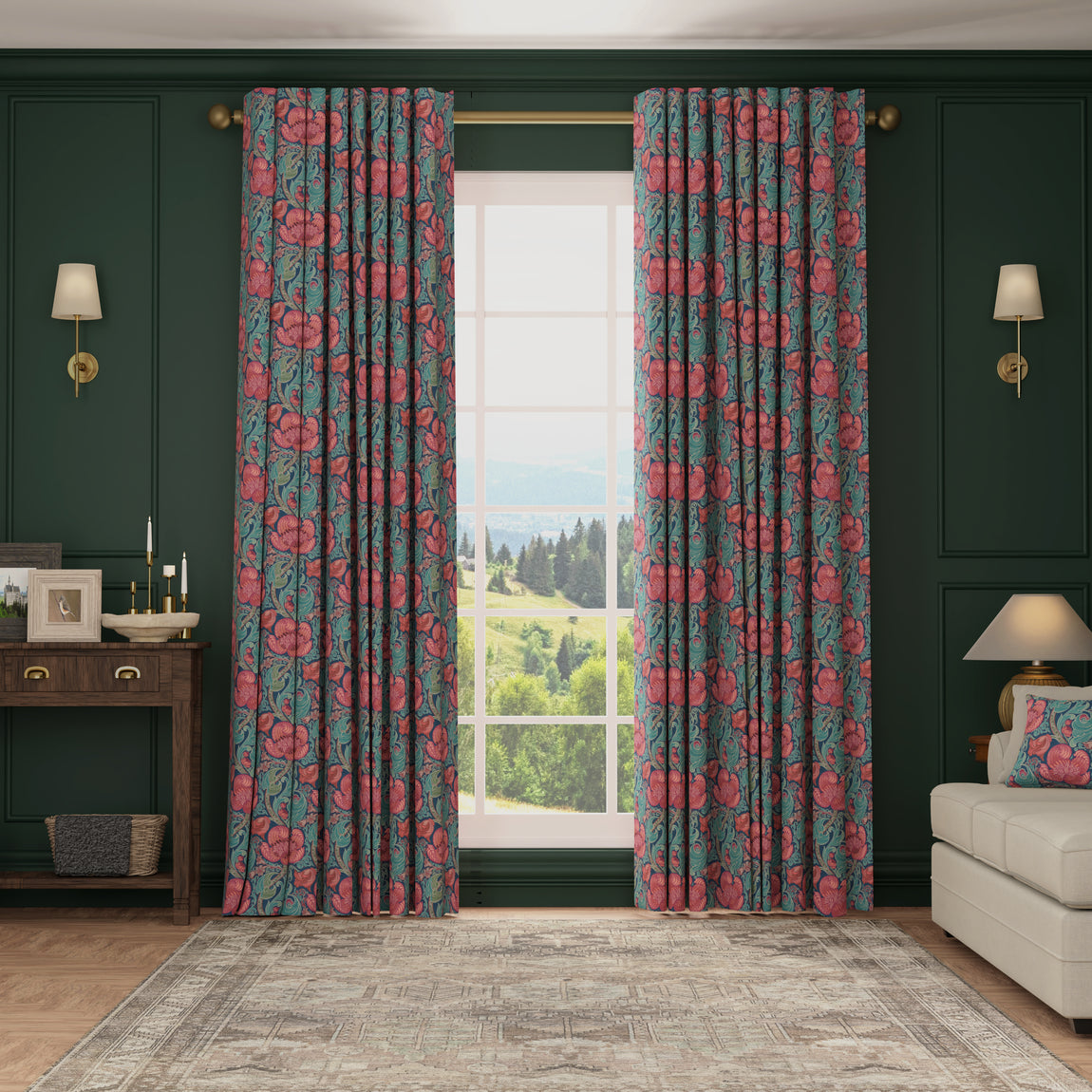 HOUSE Llewelyn-Bowen Down The Dilly Printed Velvet Made To Measure Curtains Sanguine