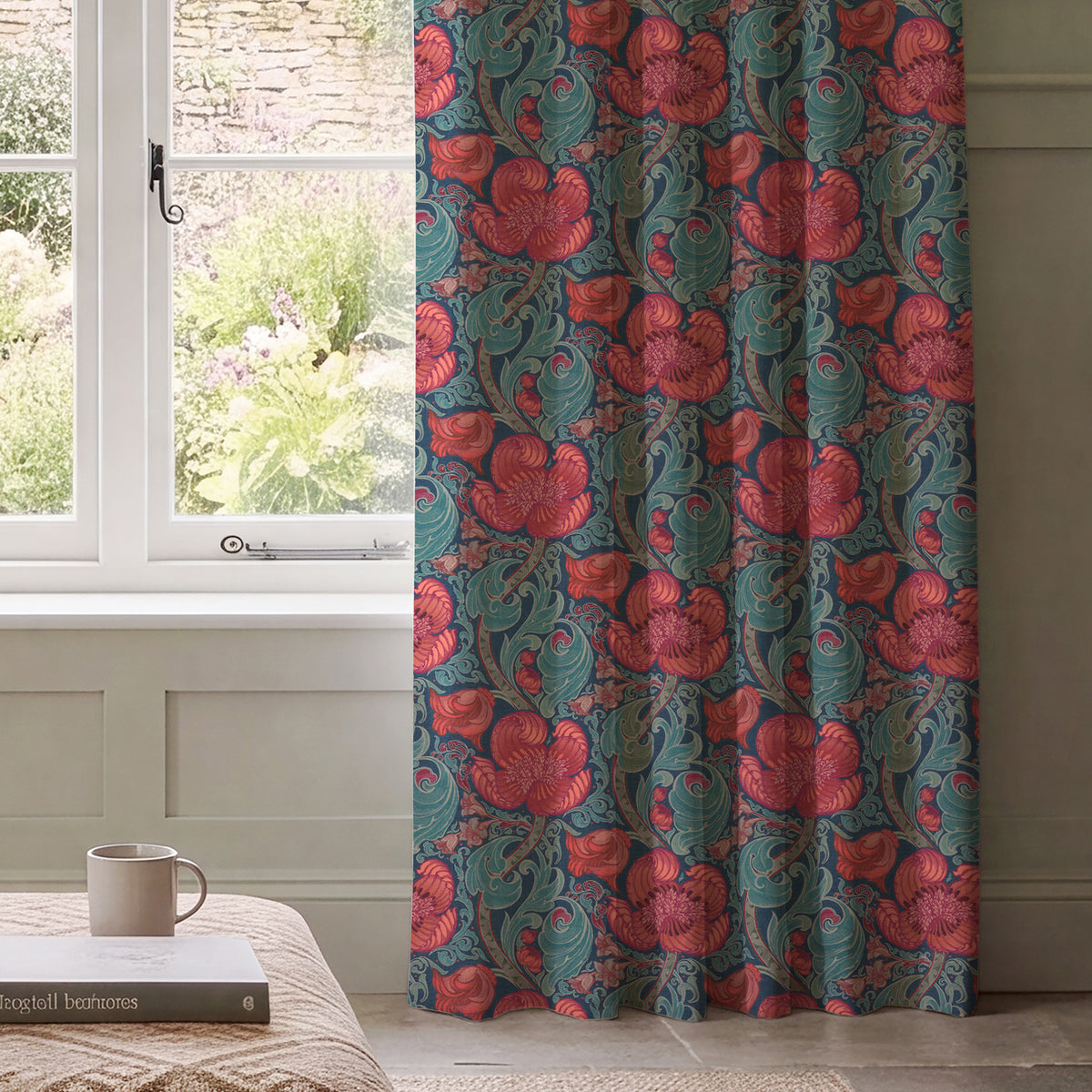 HOUSE Llewelyn-Bowen Down The Dilly Printed Velvet Made To Measure Curtains Sanguine