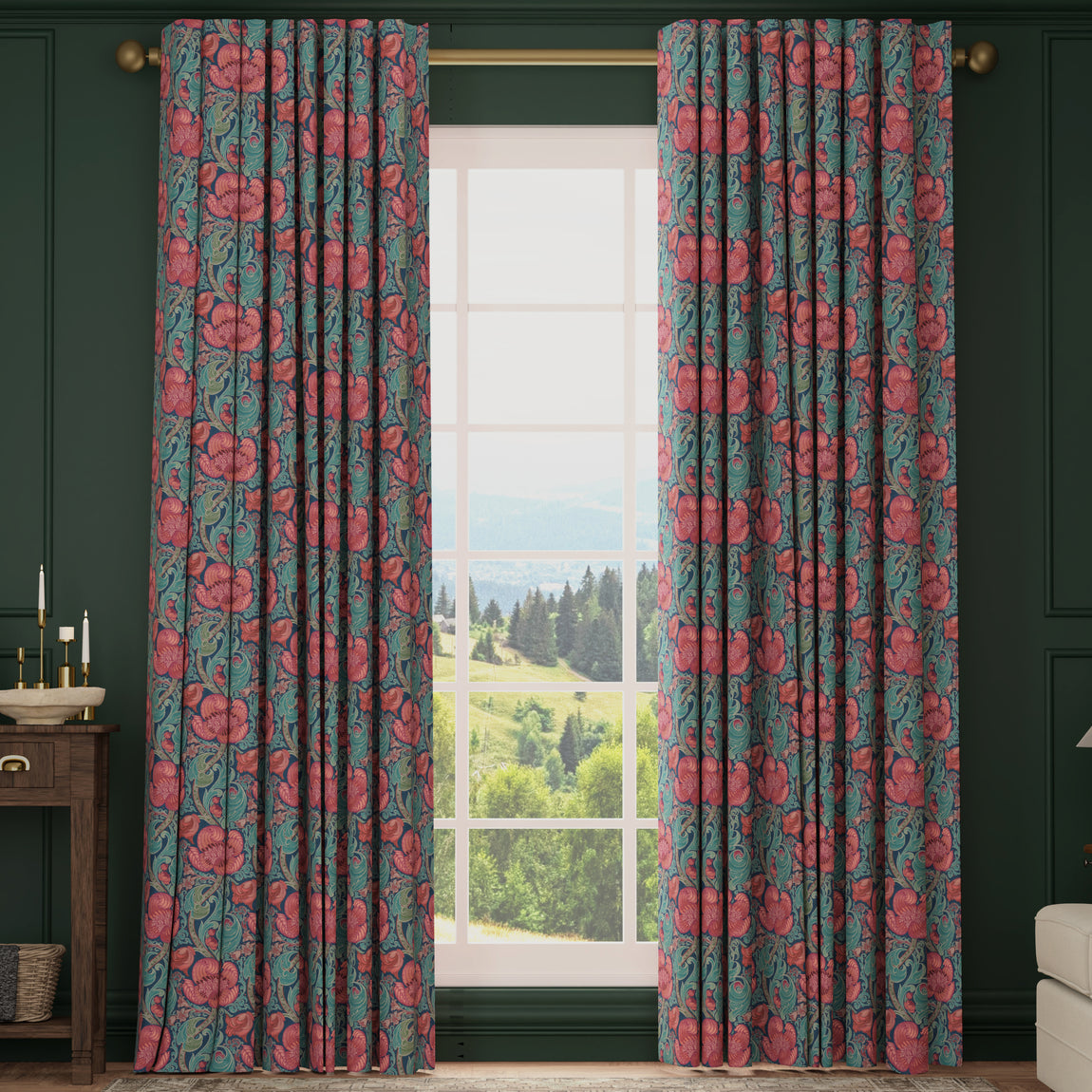 HOUSE Llewelyn-Bowen Down The Dilly Printed Velvet Made To Measure Curtains Sanguine