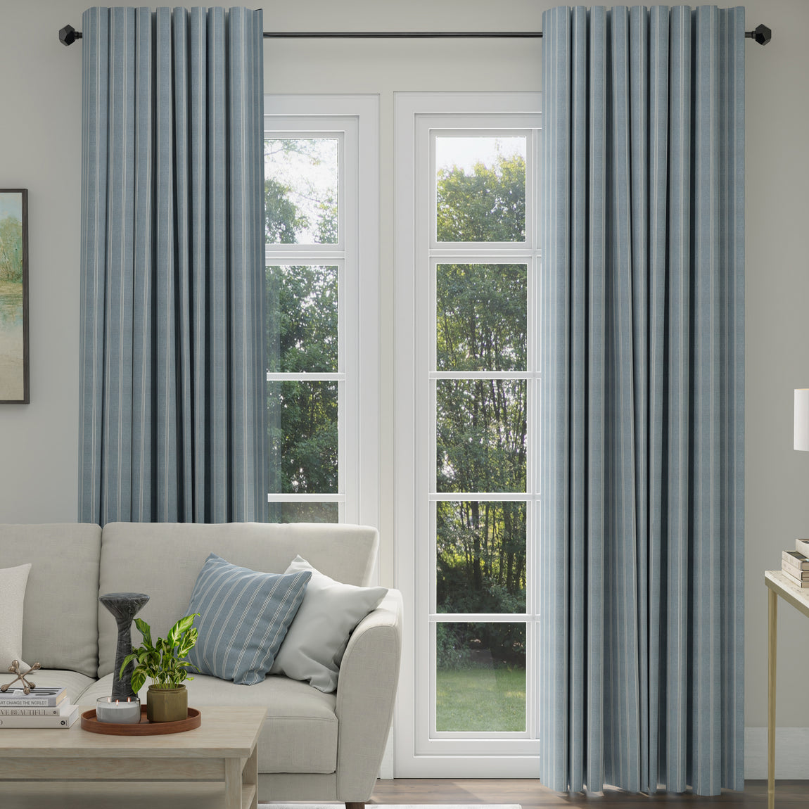 ANTE DECOR Latham Printed Cotton Stripe Made To Measure Roman Blind Blue On Blue