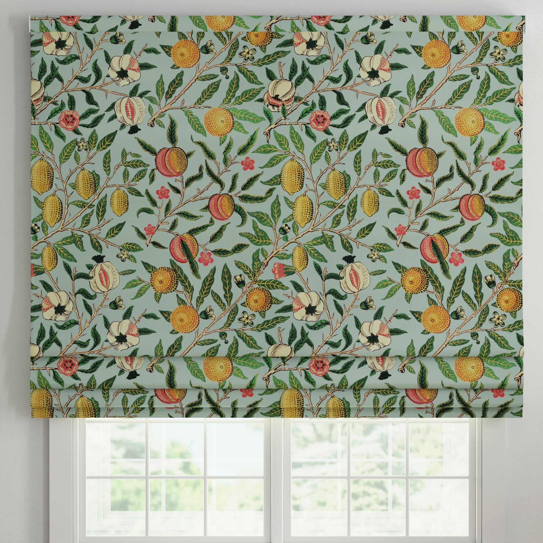 ANTE DECOR Fruit Orange Printed Cotton Made To Measure Roman Blind Cornflower Blue