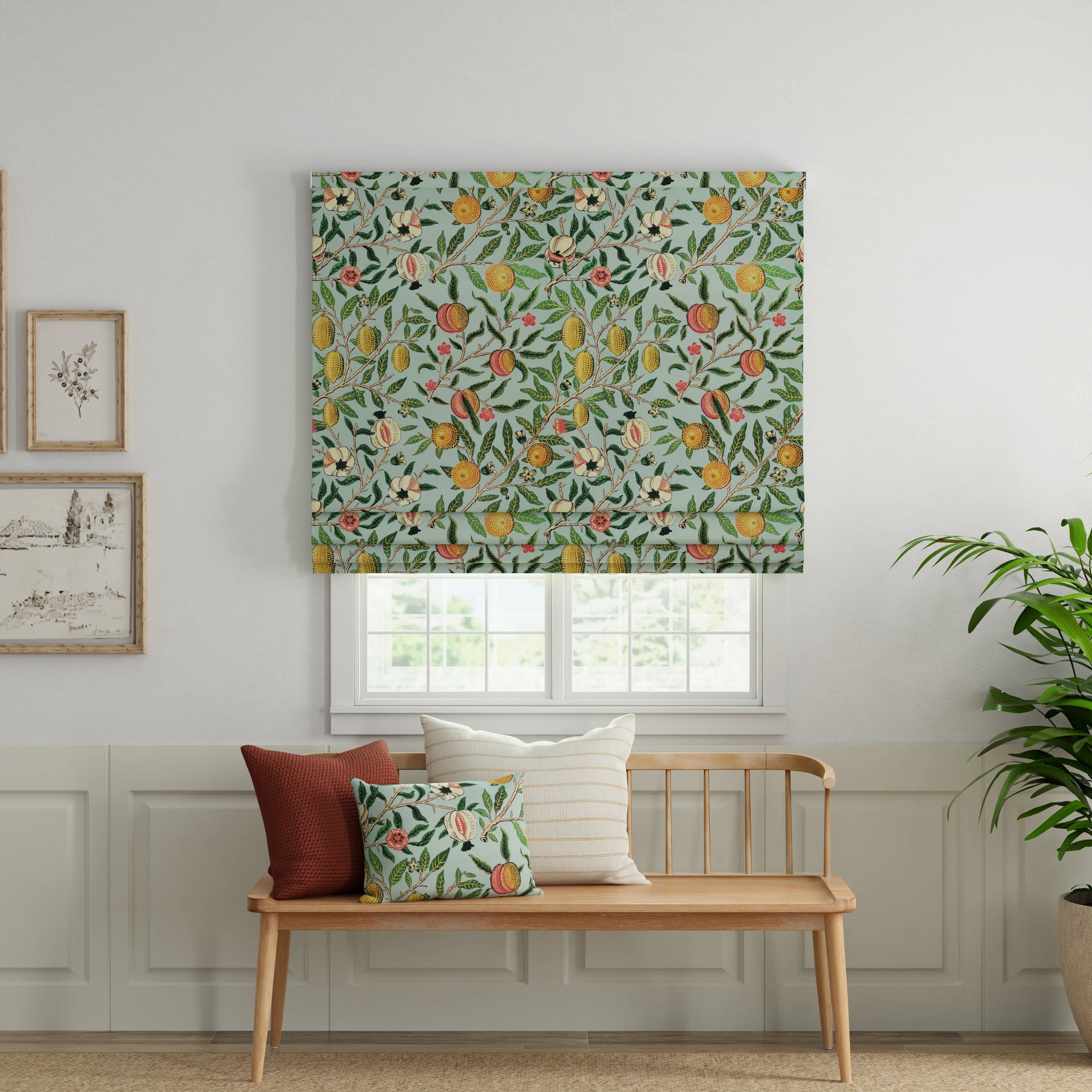 ANTE DECOR Fruit Orange Printed Cotton Made To Measure Roman Blind Cornflower Blue