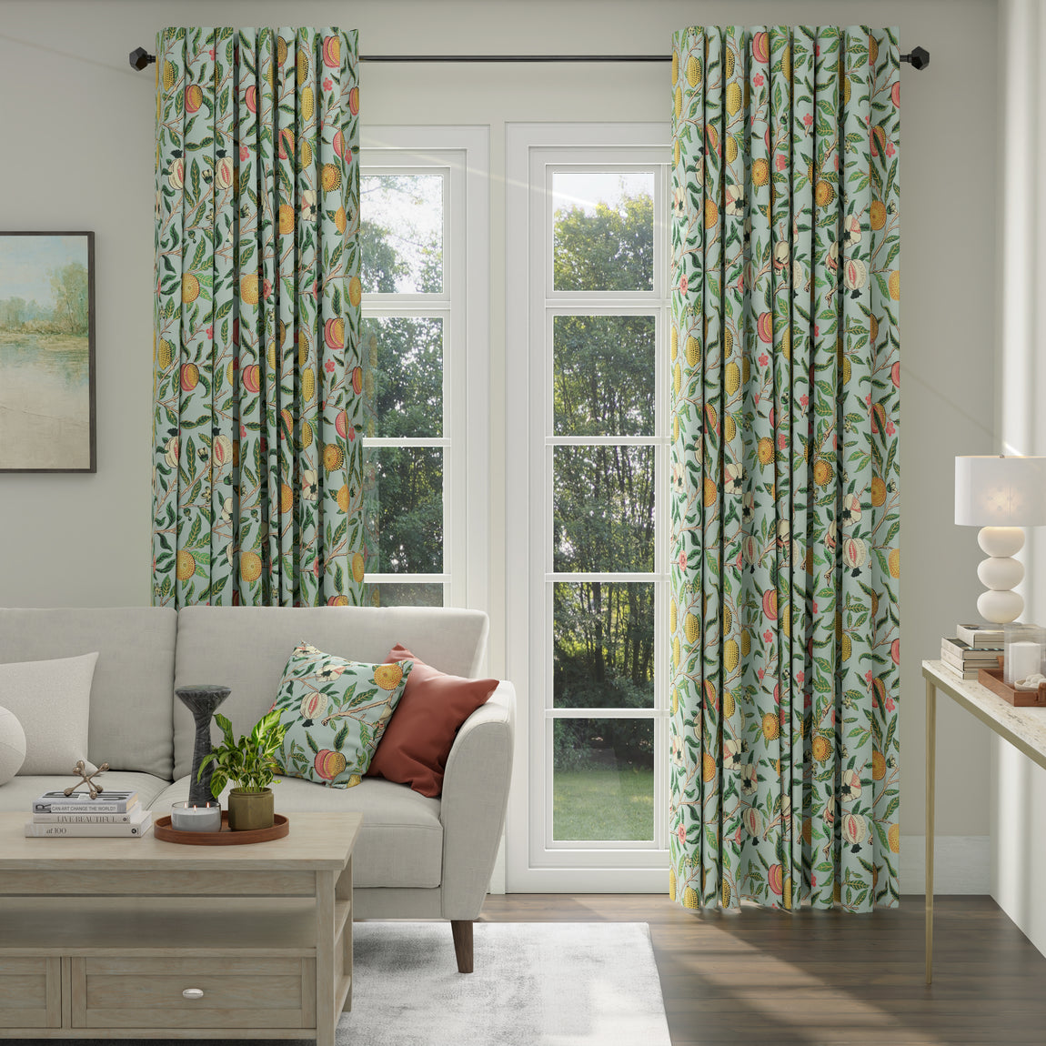 ANTE DECOR Fruit Orange Printed Cotton Made To Measure Curtains Cornflower Blue