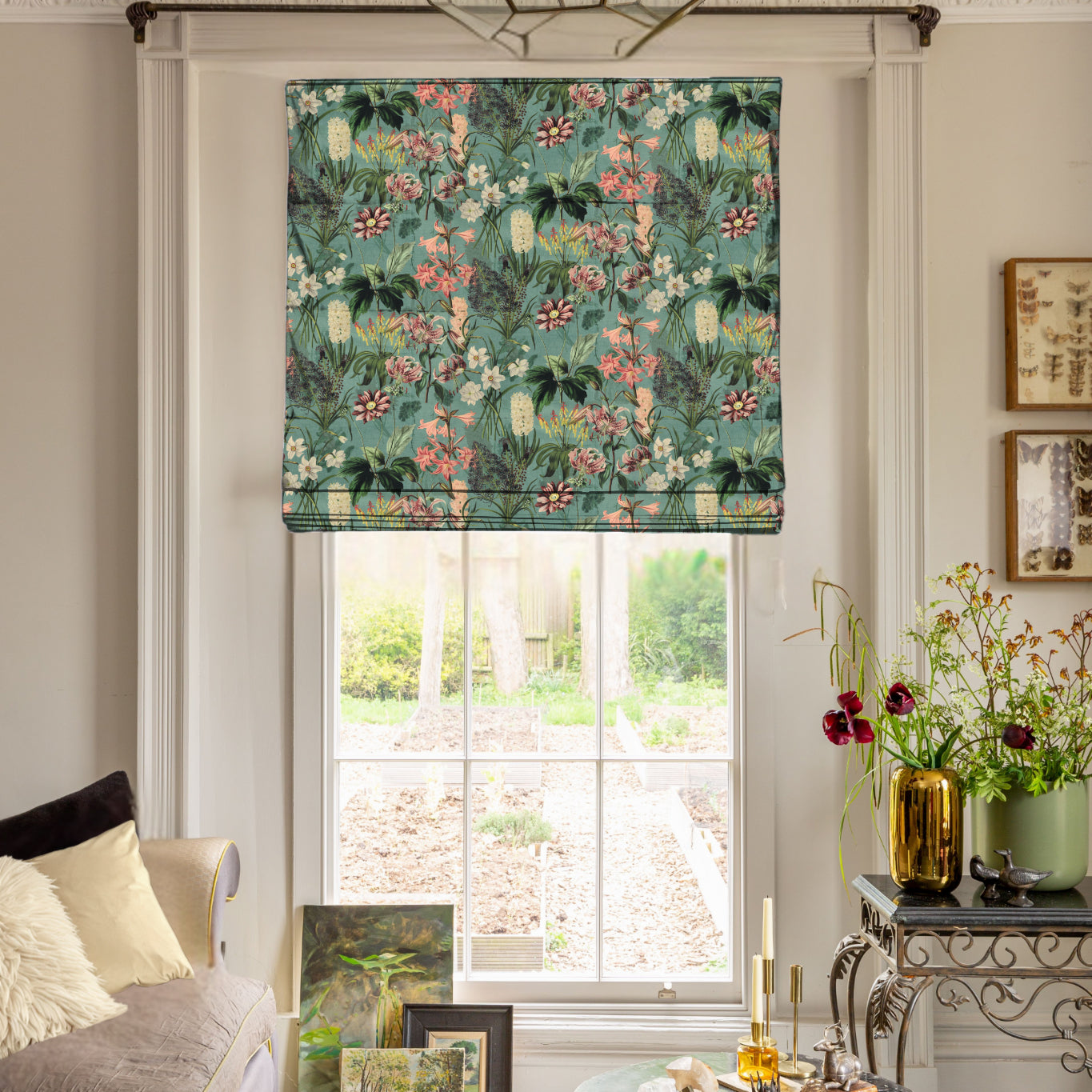 Linda Barker Grandi Floral Velvet Made To Measure Roman Blind Celadon