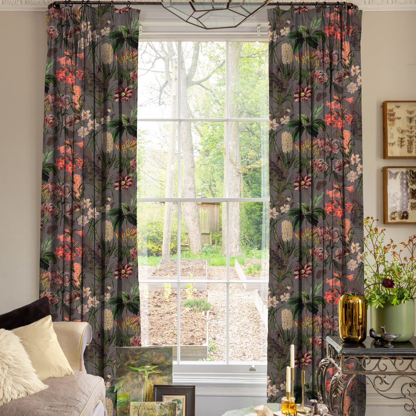 Linda Barker Grandi Floral Velvet Made To Measure Curtains Silver Lavender