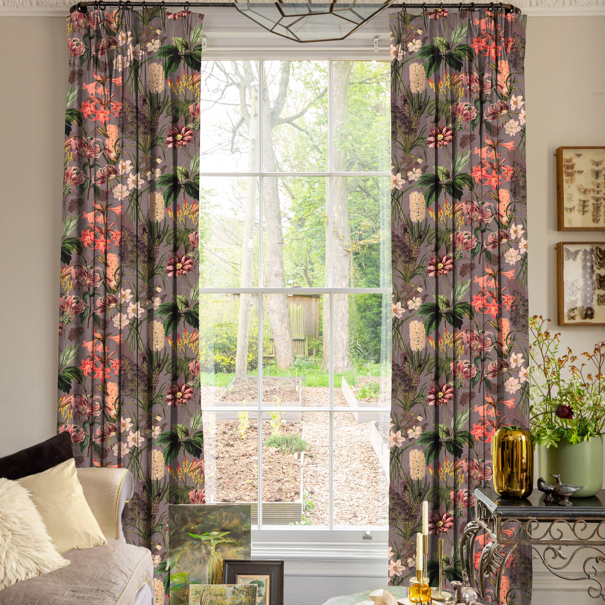 Linda Barker Grandi Floral Velvet Made To Measure Curtains Silver Lavender