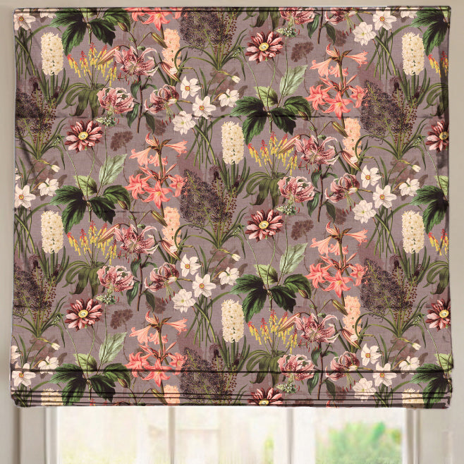 Linda Barker Grandi Floral Velvet Made To Measure Roman Blind Silver Lavender