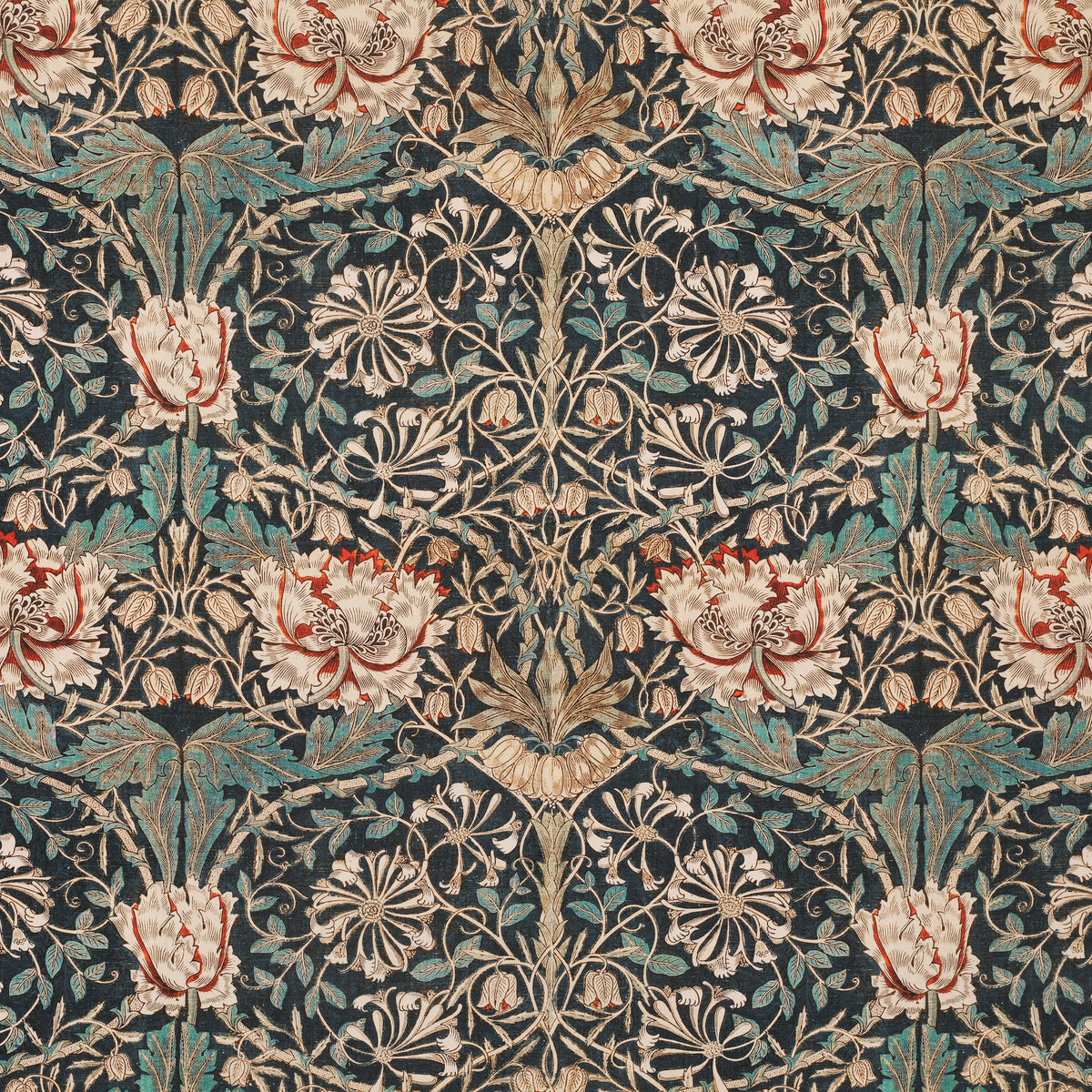 William Morris Honey Suckle Printed Cotton Fabric Blue