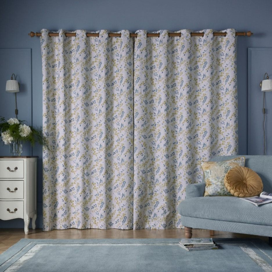Laura Ashley Longston Sprig Ready Made Eyelet Curtains Ochre Yellow