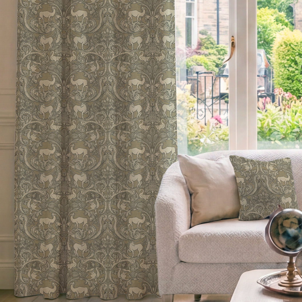 HOUSE Llewelyn-Bowen Menagerie Artois Printed Made To Measure Curtains Fawn