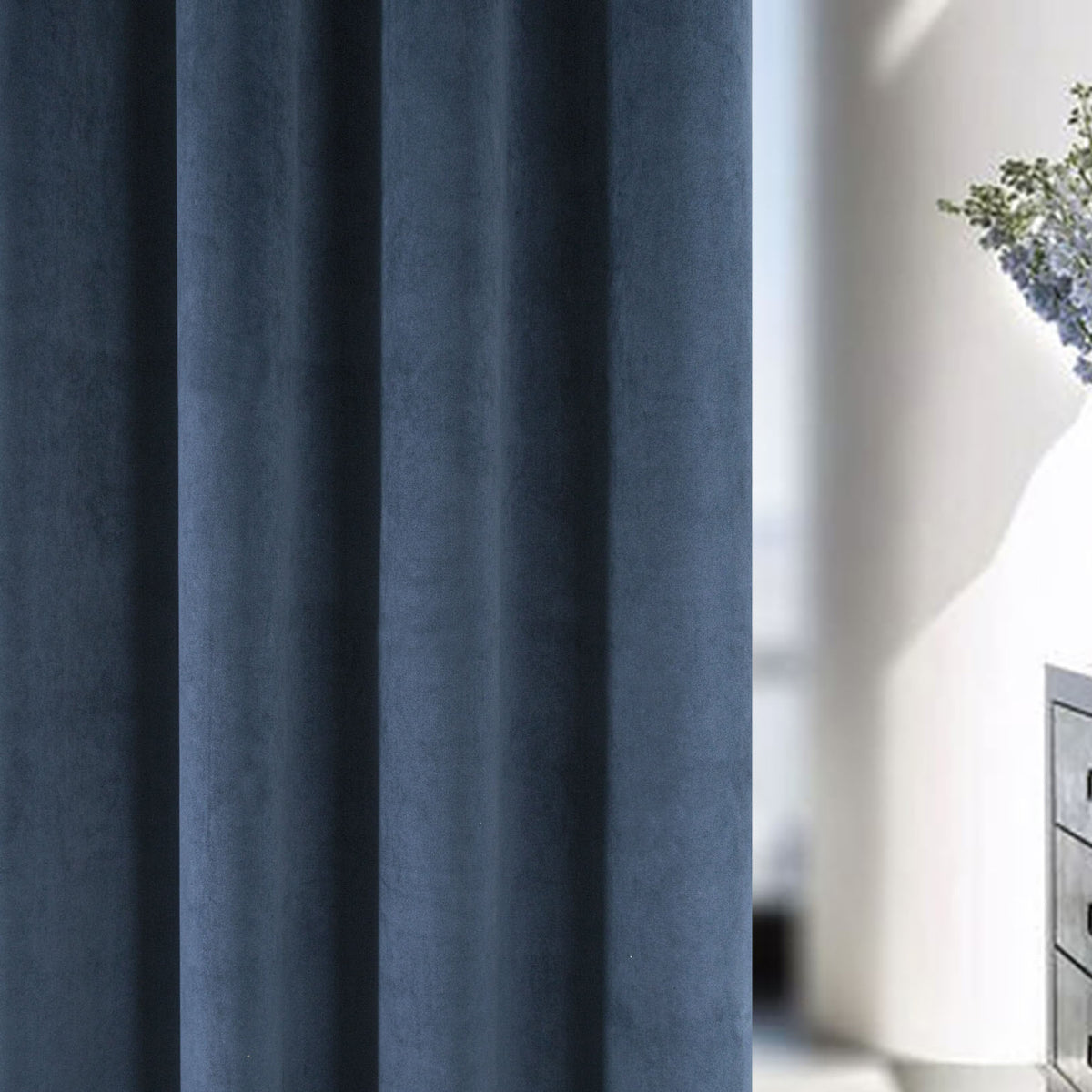 Oxford Velvet Thermal Blackout Ready Made Pencil Pleat Curtains Navy
