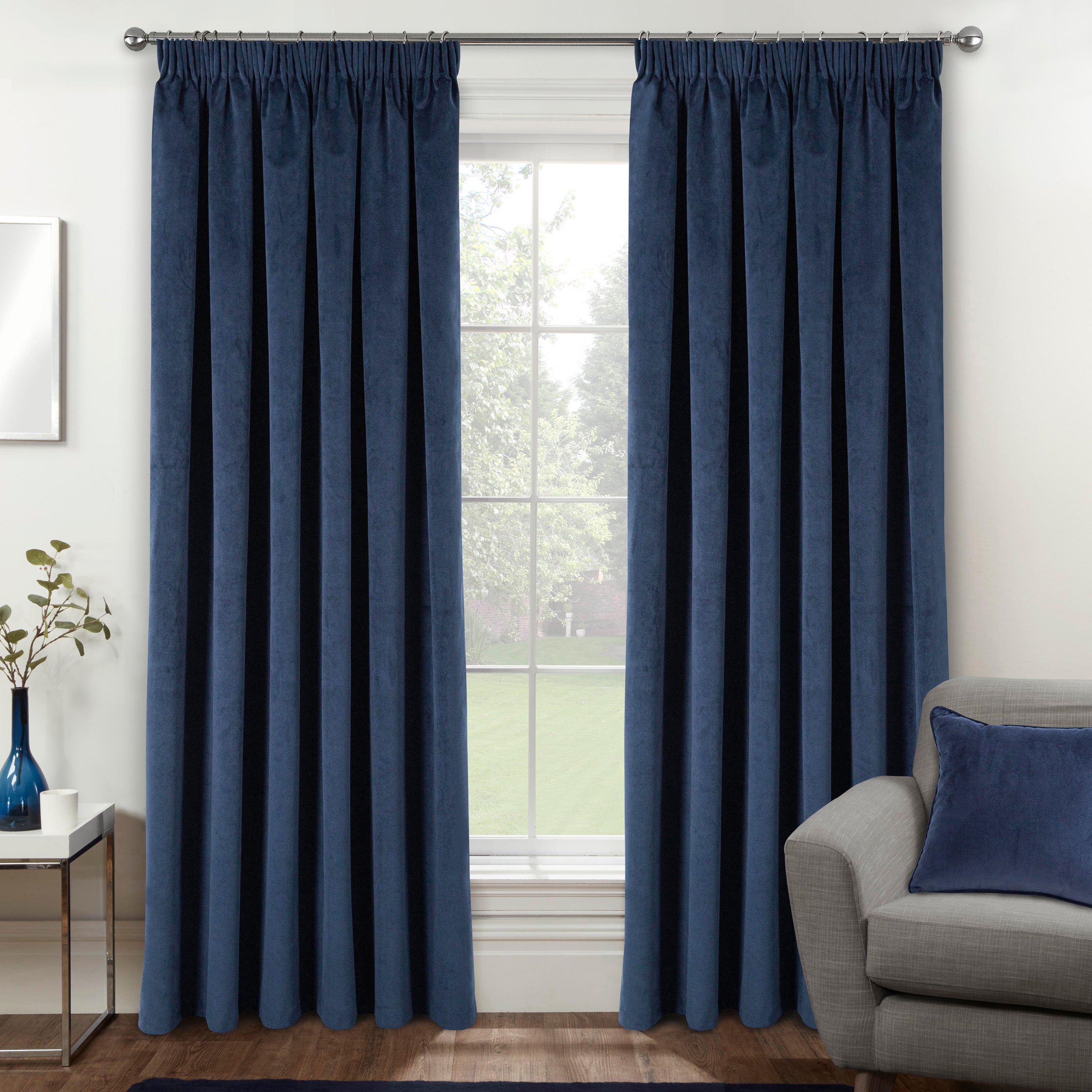 Navy Oxford Velvet Thermal Blackout Ready Made Pencil Pleat Curtains ...