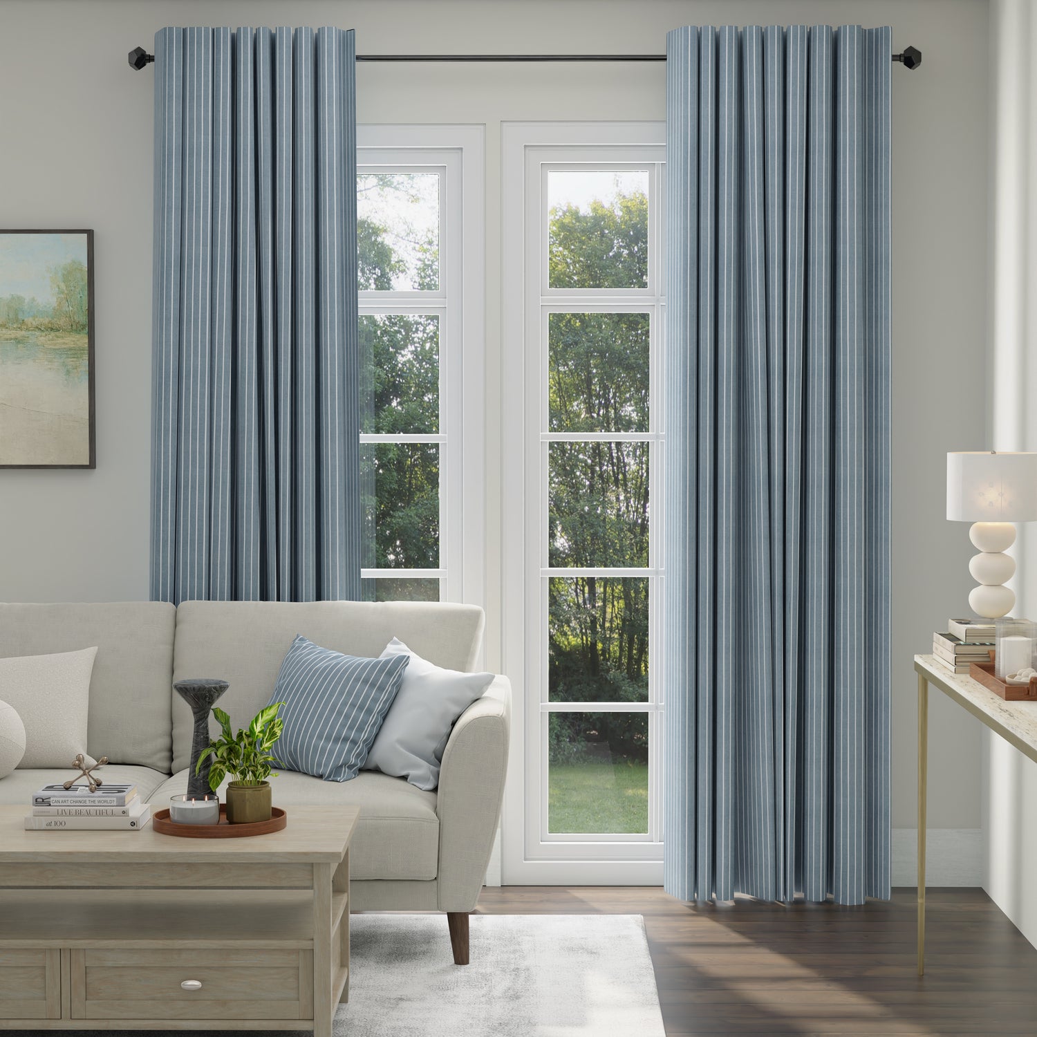 ANTE DECOR Burgess Printed Cotton Stripe Made To Measure Curtains Blue