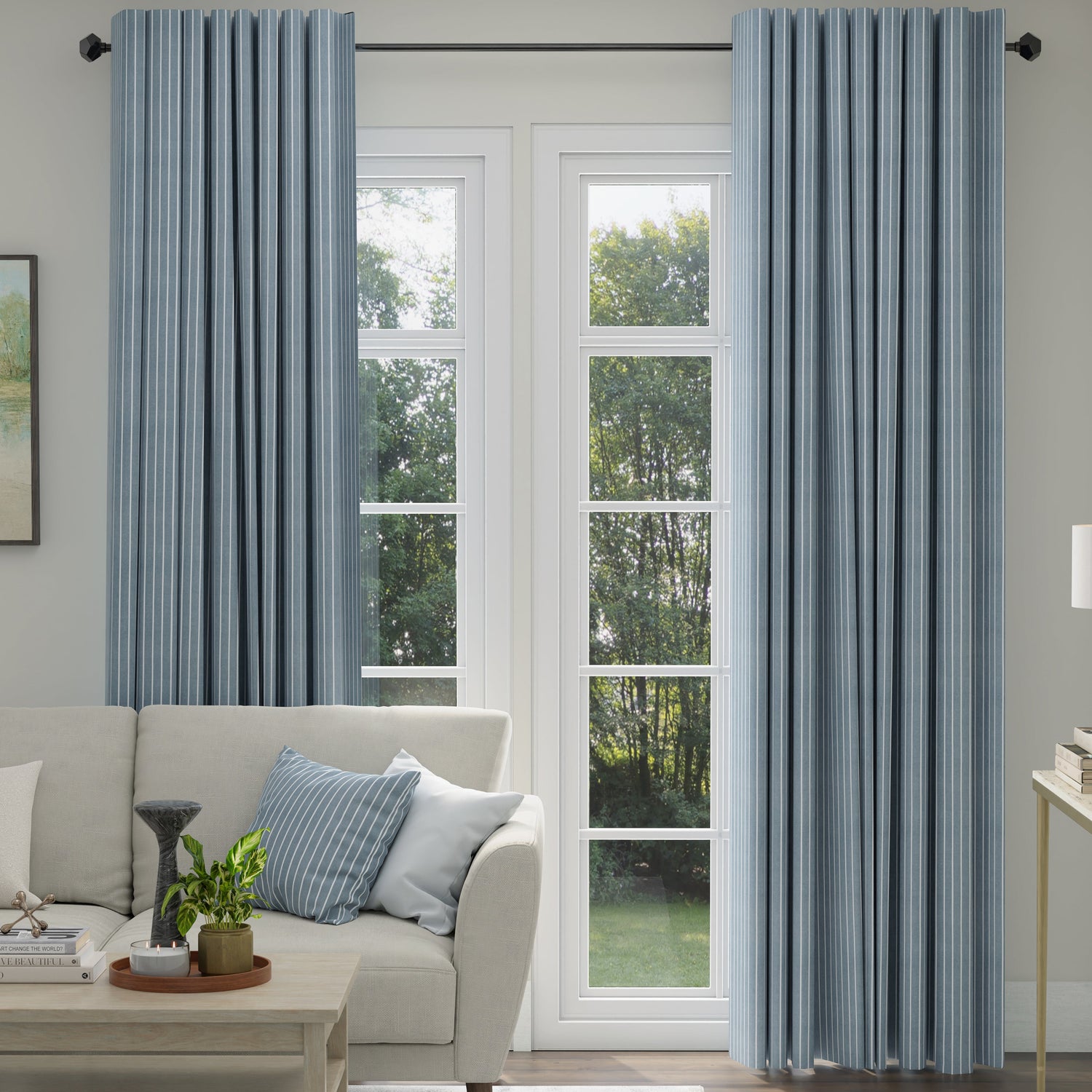 ANTE DECOR Burgess Printed Cotton Stripe Made To Measure Curtains Blue