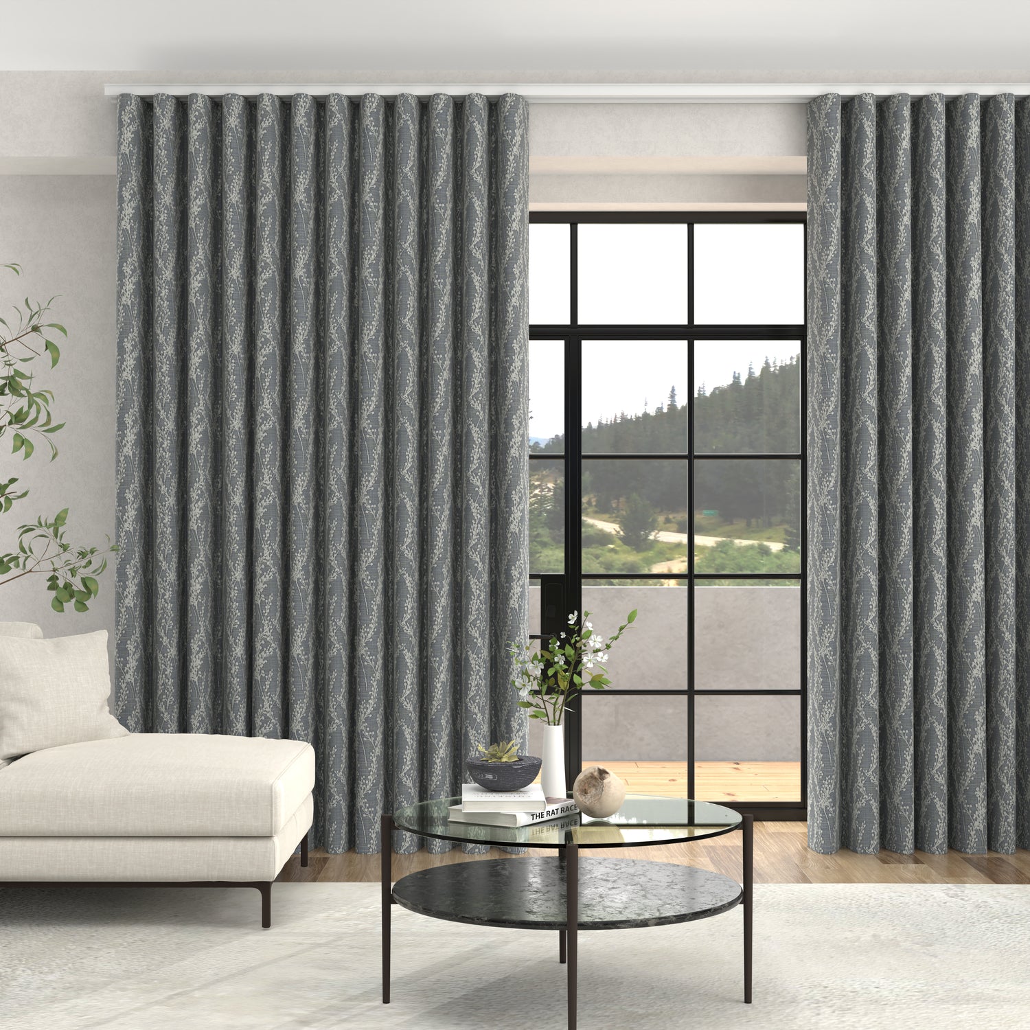 Grace Jacquard Floral Made To Measure Curtains + FREE Track - Wave Navy