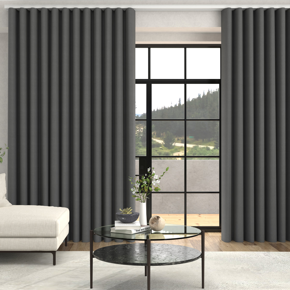 Lindy Shimmer Woven Made To Measure Curtains + FREE Track - Wave Charcoal