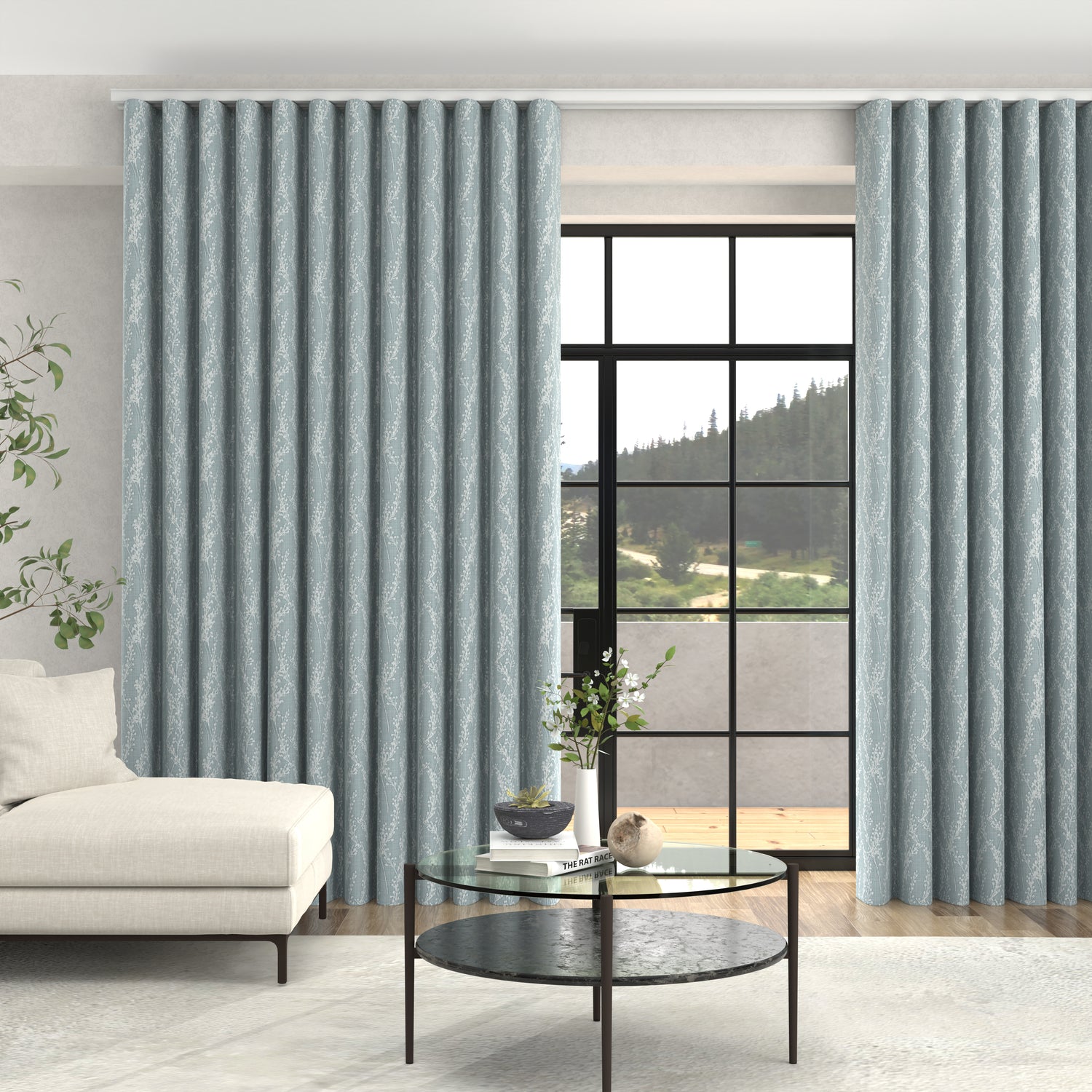 Grace Jacquard Floral Made To Measure Curtains + FREE Track - Wave Smoky Blue