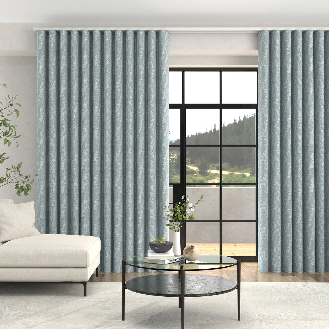 Grace Jacquard Floral Made To Measure Curtains + FREE Track - Wave Smoky Blue