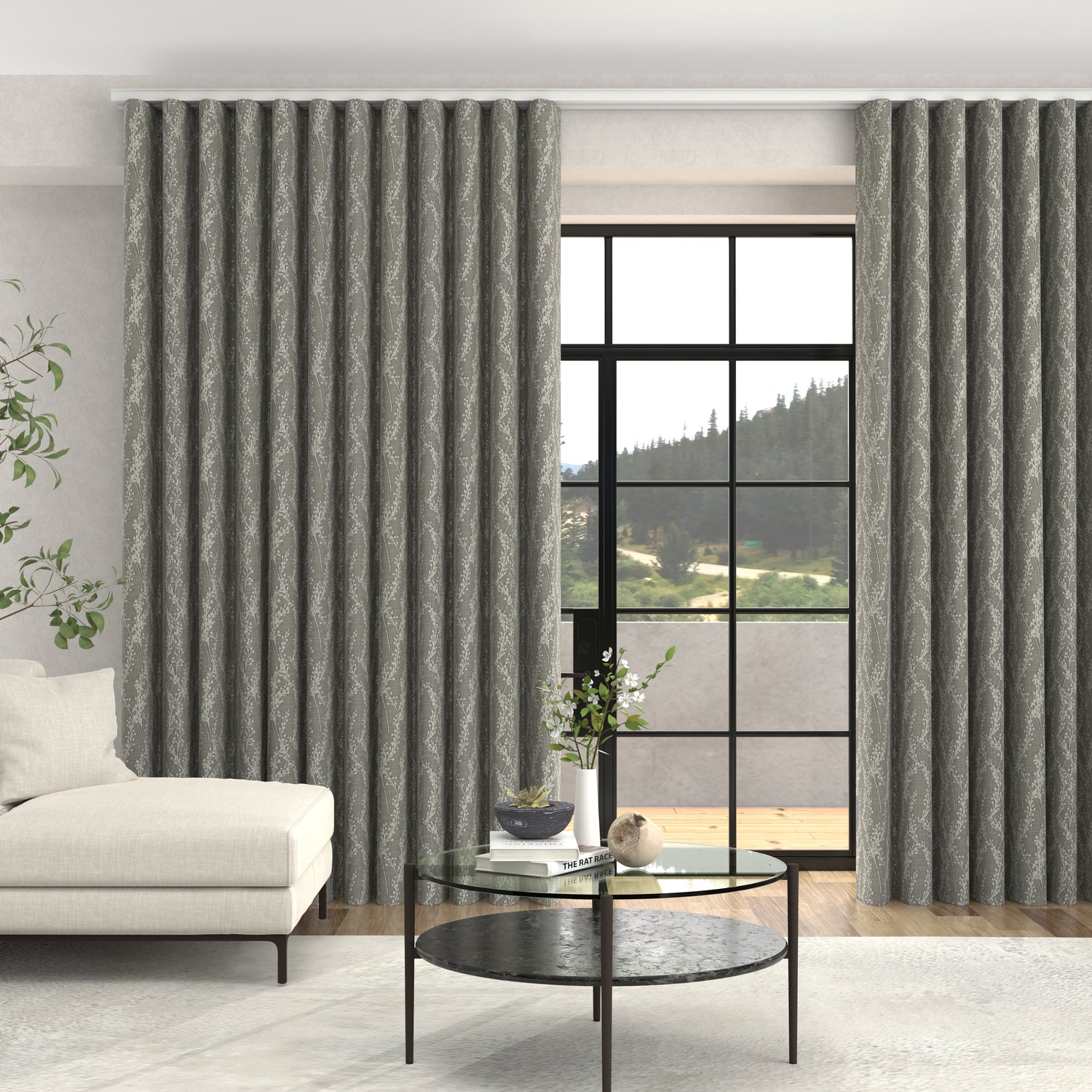 Grace Jacquard Floral Made To Measure Curtains + FREE Track - Wave Smoke