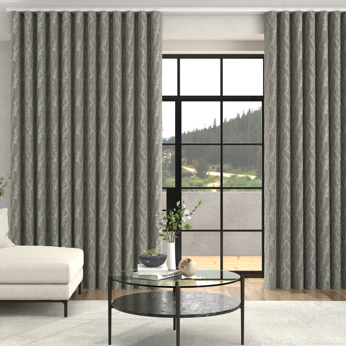 Grace Jacquard Floral Made To Measure Curtains + FREE Track - Wave Smoke