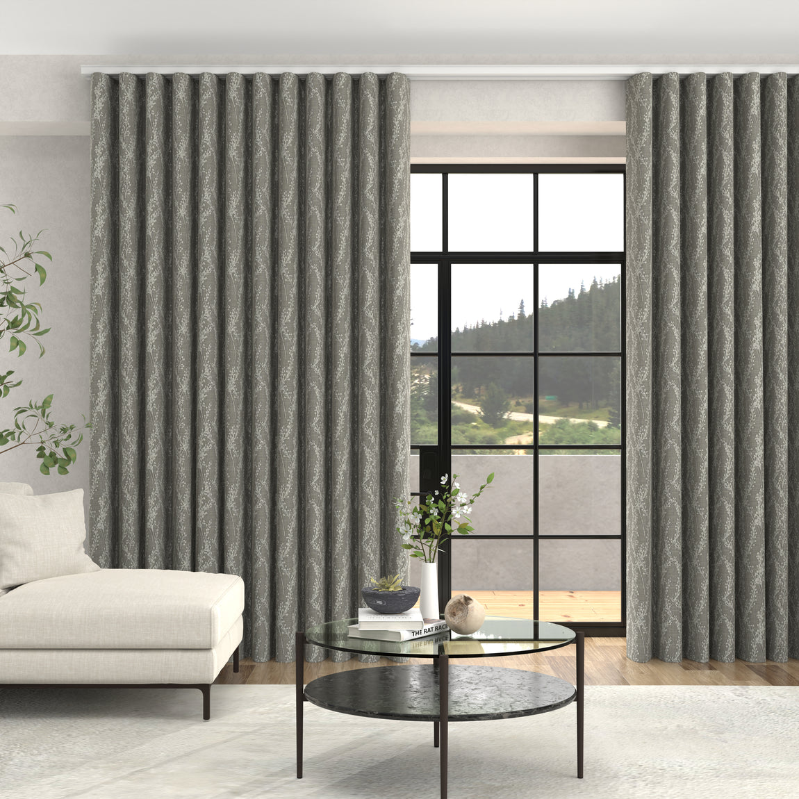 Grace Jacquard Floral Made To Measure Curtains + FREE Track - Wave Smoke
